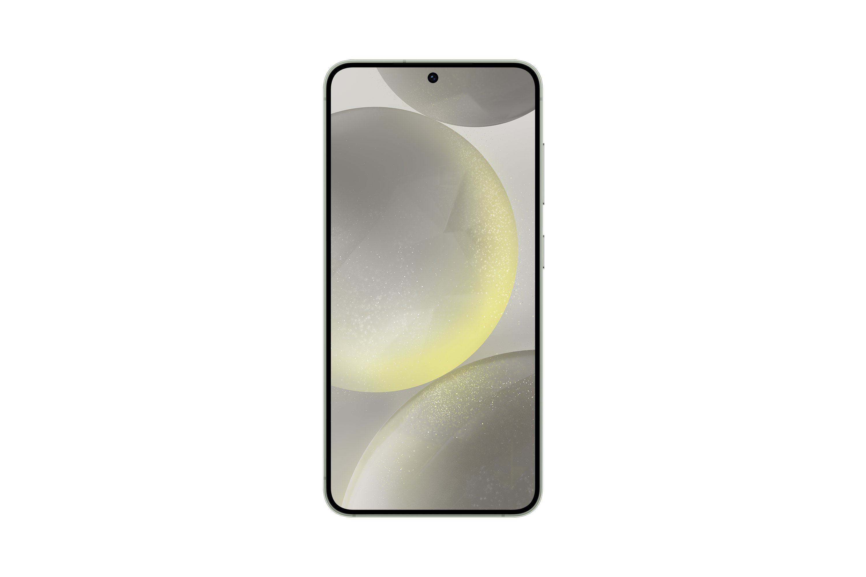 Een telefoonscherm toont abstracte gele en grijze vormen, tegen een witte achtergrond.