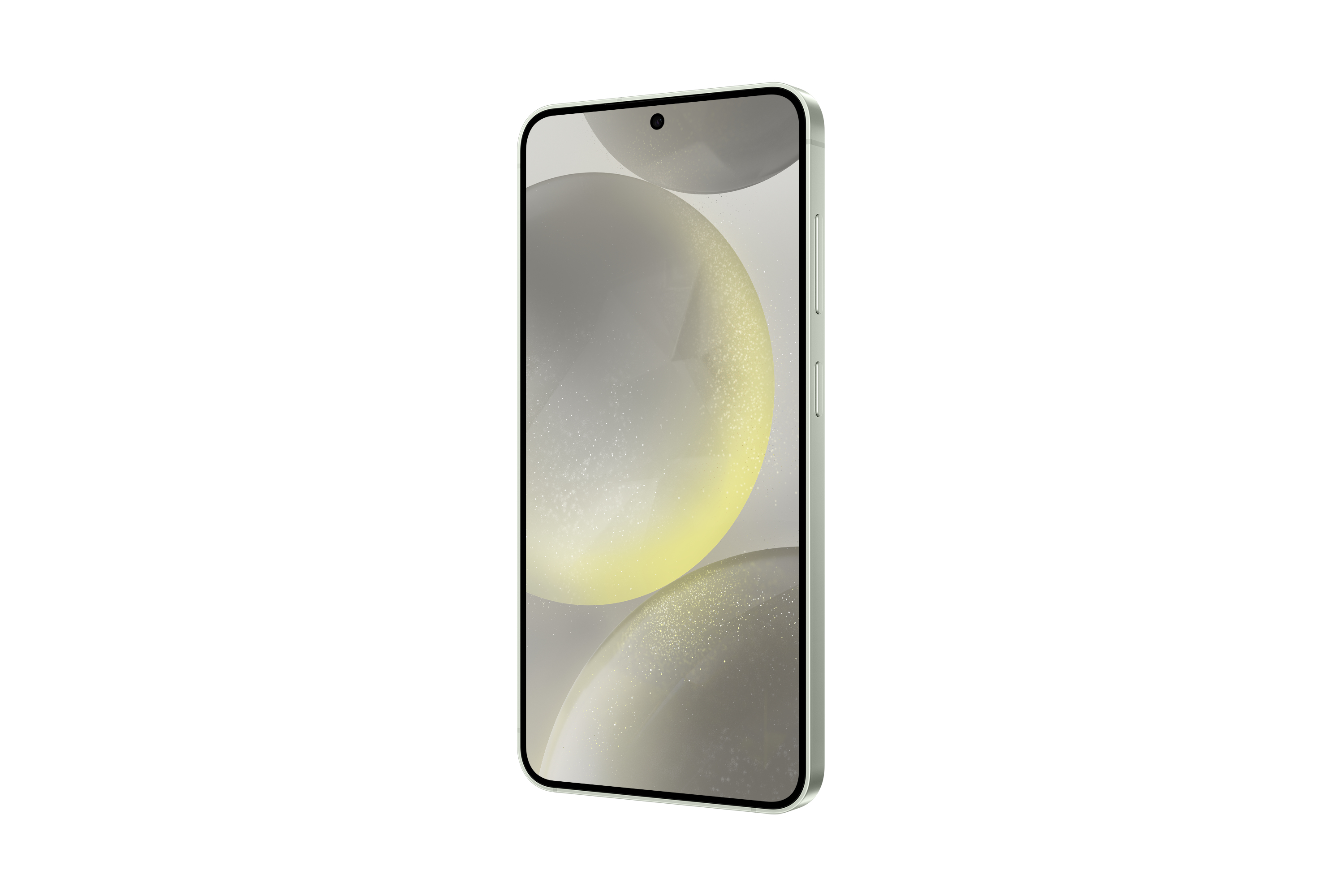 Een lichtgekleurde smartphone met een scherm dat een abstracte afbeelding weergeeft, schuin op een witte achtergrond.
