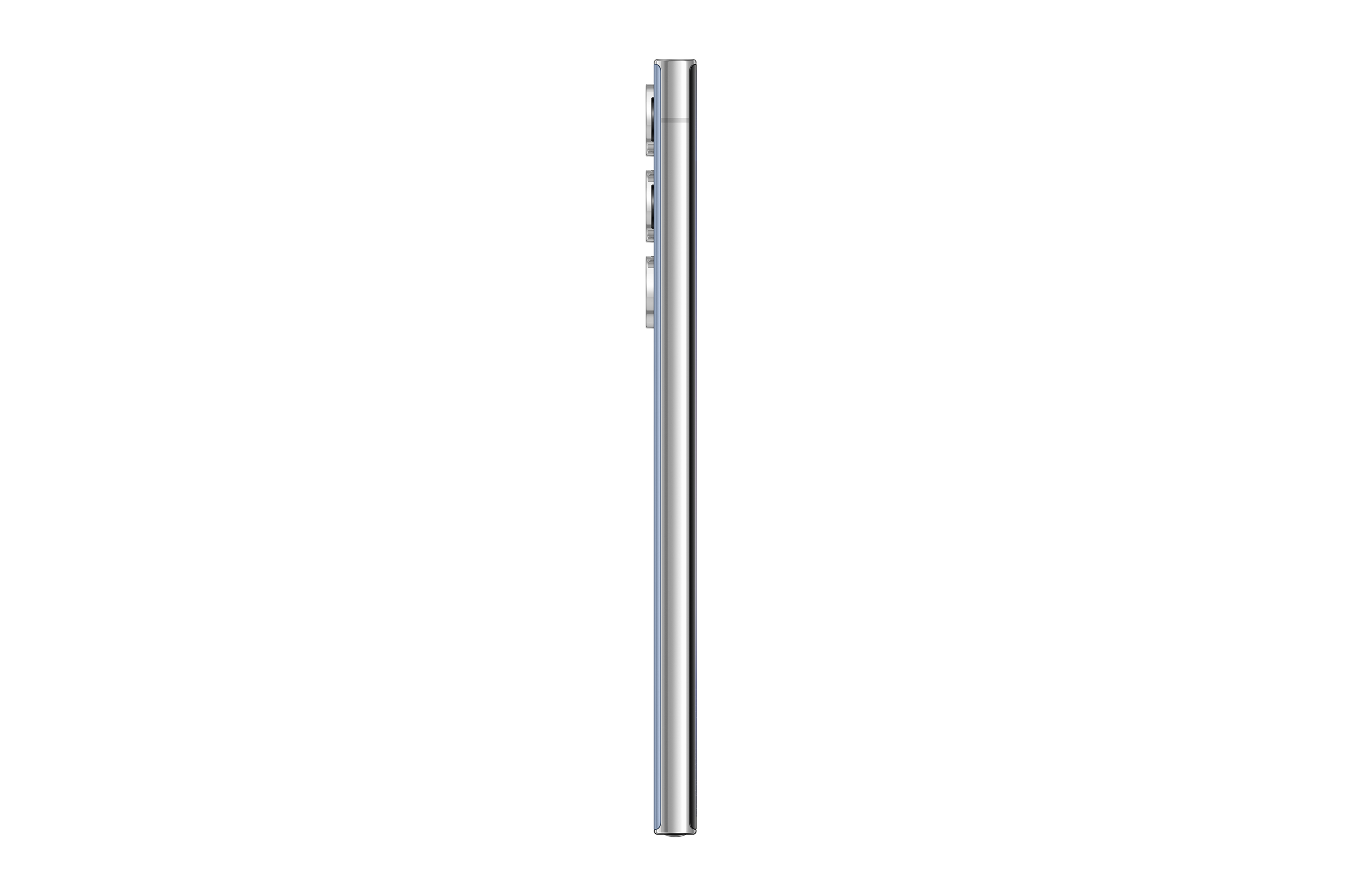 Seitenansicht eines silbernen Telefons. Das Telefon ist dünn und hat eine Kameraerhöhung.