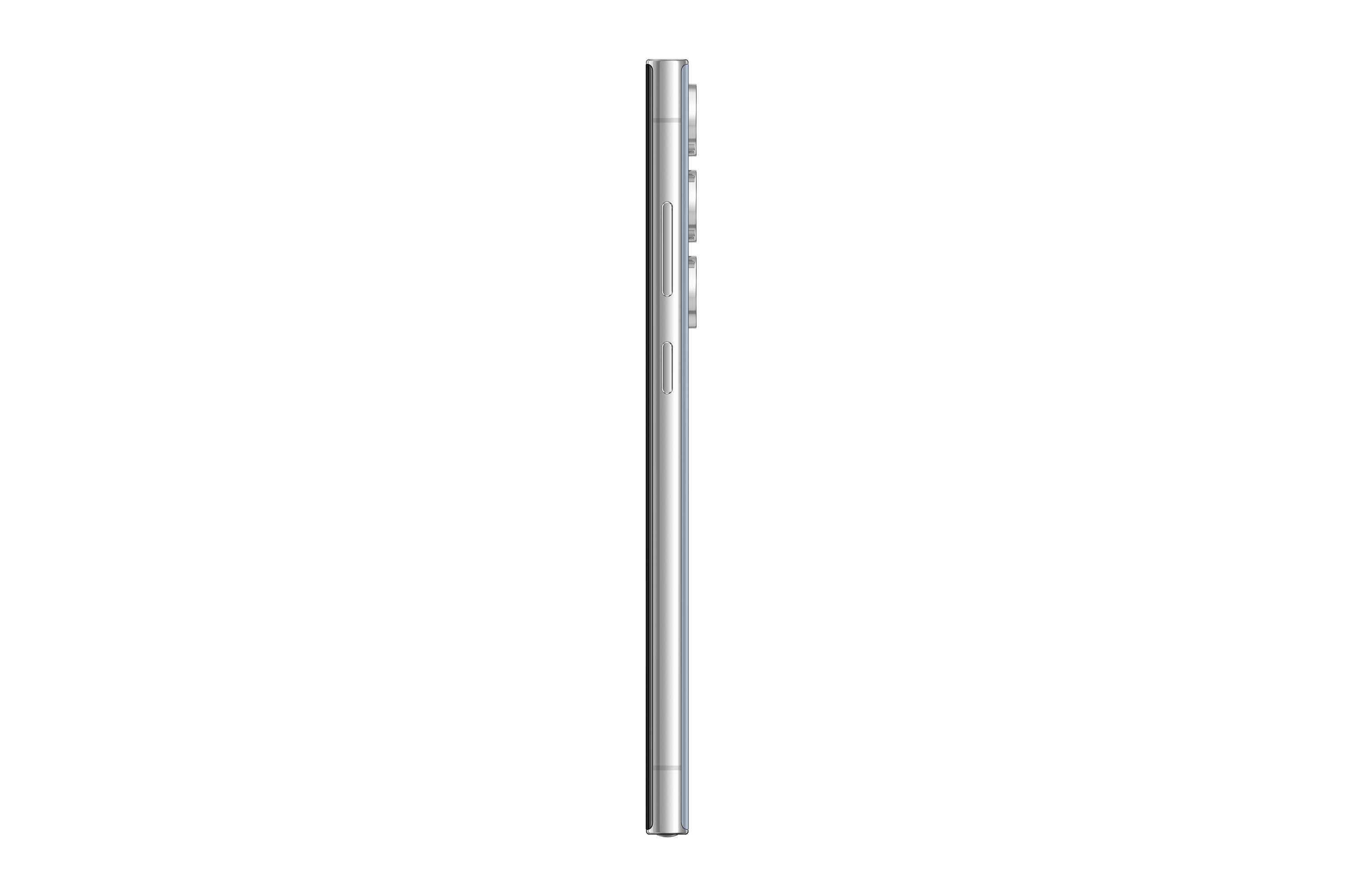Ein schlankes Smartphone, Seitenansicht. Das Telefon ist silberfarben, mit mehreren Kameralinsen sichtbar.