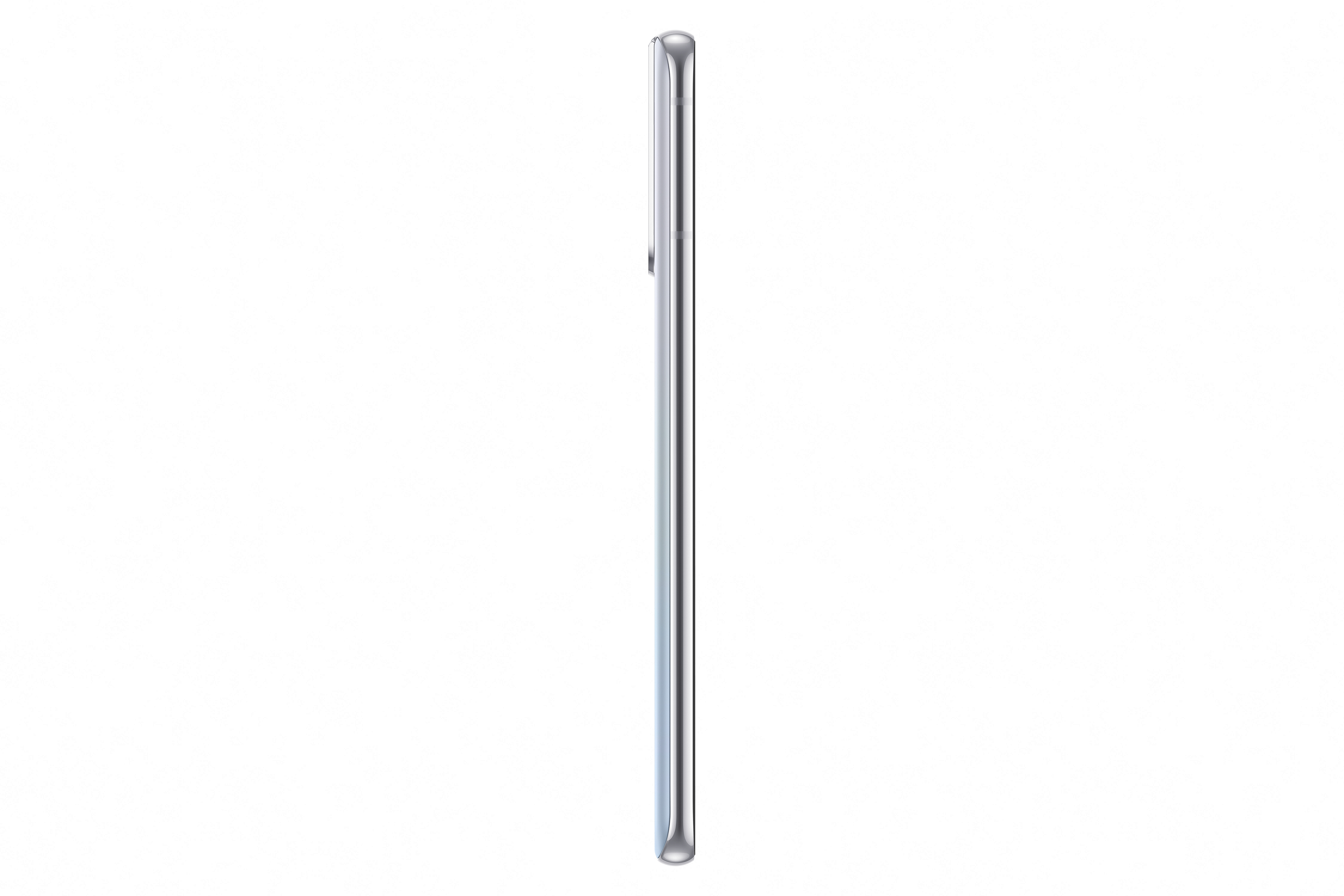 Seitenansicht eines silbernen Smartphones.