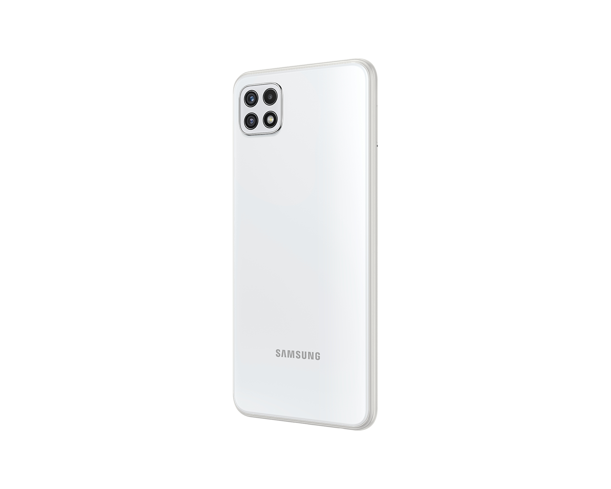 Weißes Samsung-Telefon, Rückansicht, mit vier Kameralinsen, auf weißem Hintergrund.