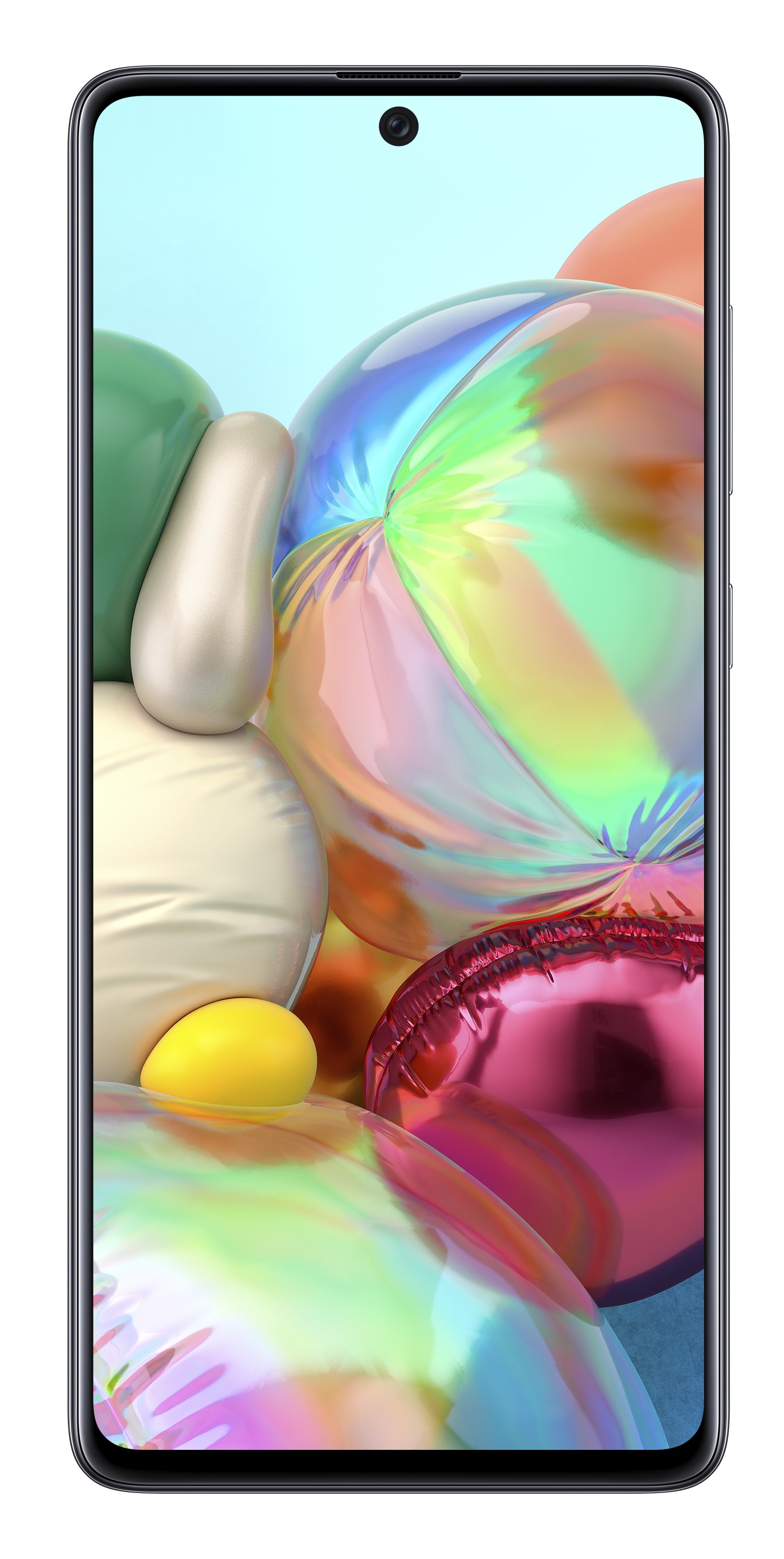 Smartphone mit bunten, abstrakten Formen auf dem Bildschirm. Der Rahmen ist silber.