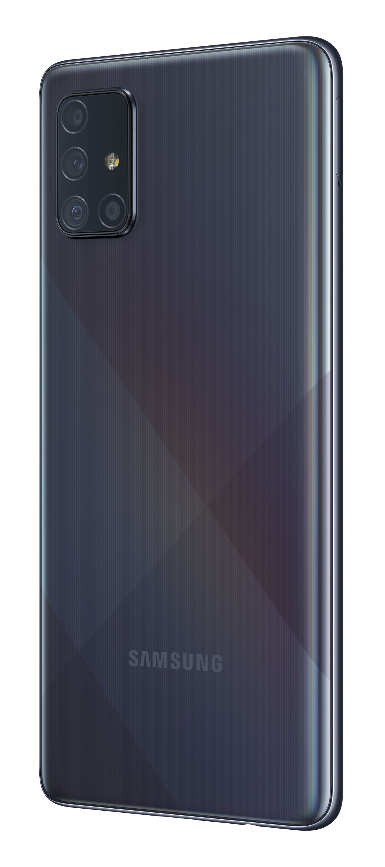 Schwarze Samsung-Telefonrückseite. Quad-Kameras, Samsung-Logo. Diamantmuster auf der Rückseite.