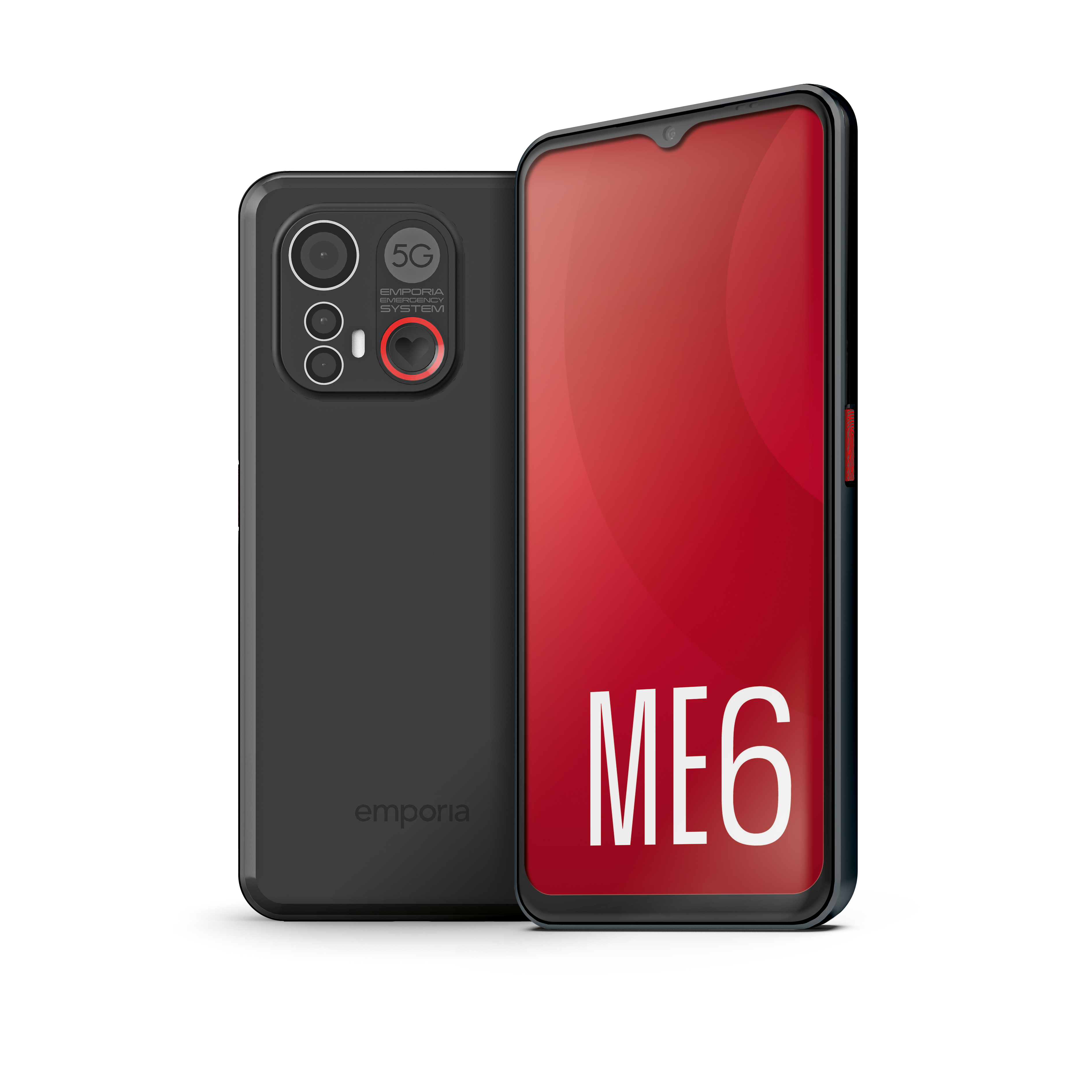 Ein schwarzes Emporia-Telefon mit rotem Bildschirm, der ME6 anzeigt, und die Rückkameras zeigt.
