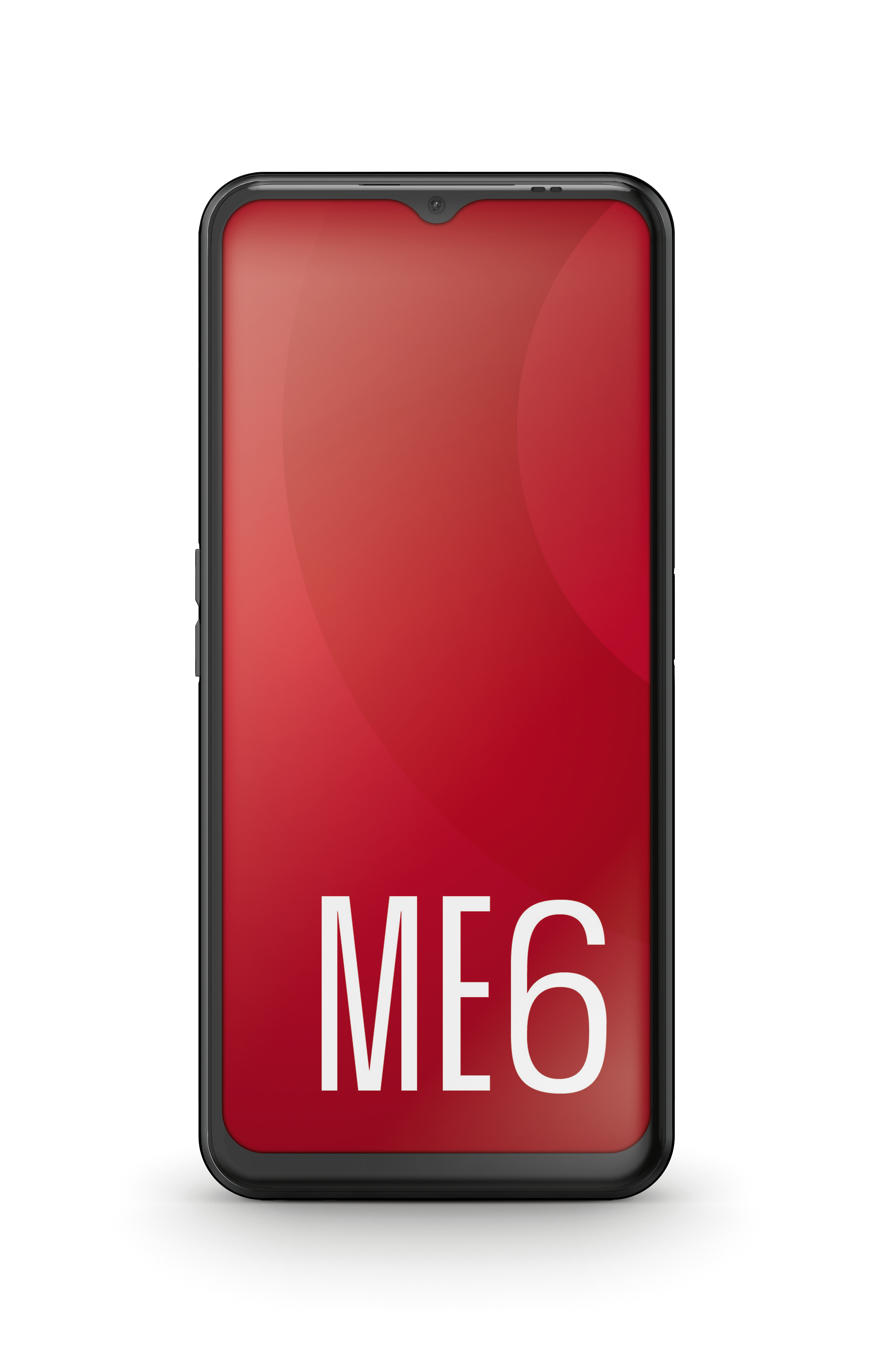 Ein schwarzes Smartphone mit rotem Bildschirm, der den Text 'ME6' anzeigt.