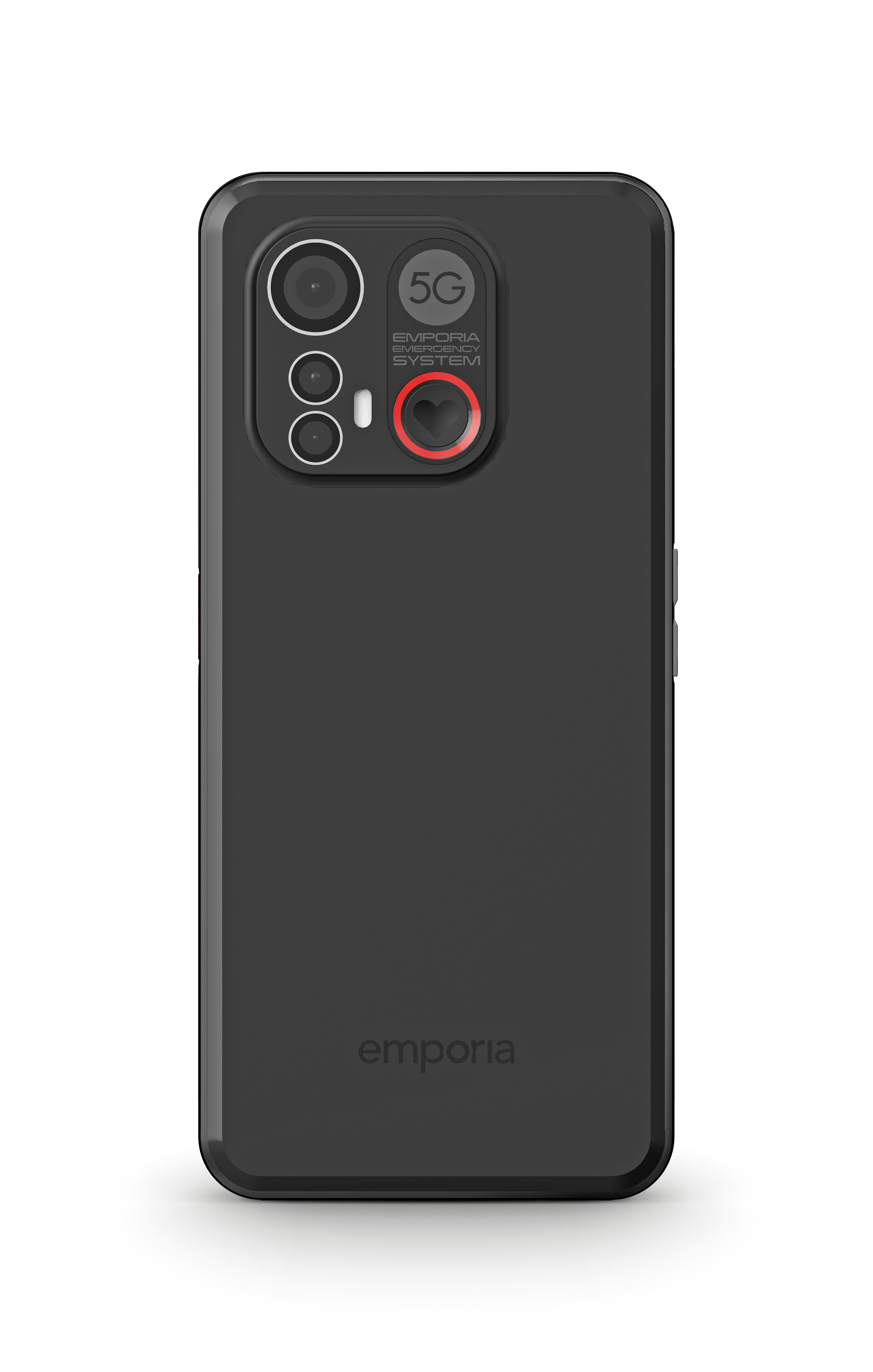 Schwarze Smartphone-Rückseite mit Kameras und rotem Ringdetail, unten steht das Wort 'emporia'.