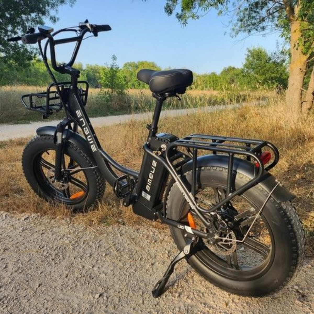 Bici elettrica nera su sentiero sterrato, alberi sullo sfondo.