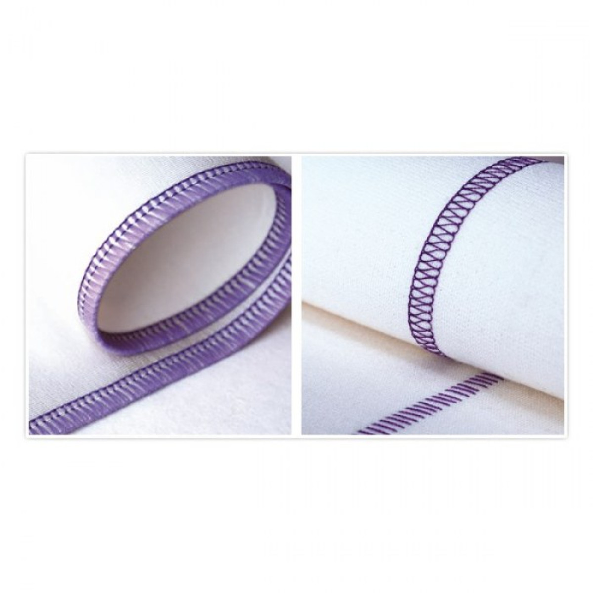 Dos imágenes de bordes de tela con costuras moradas sobre tela blanca.