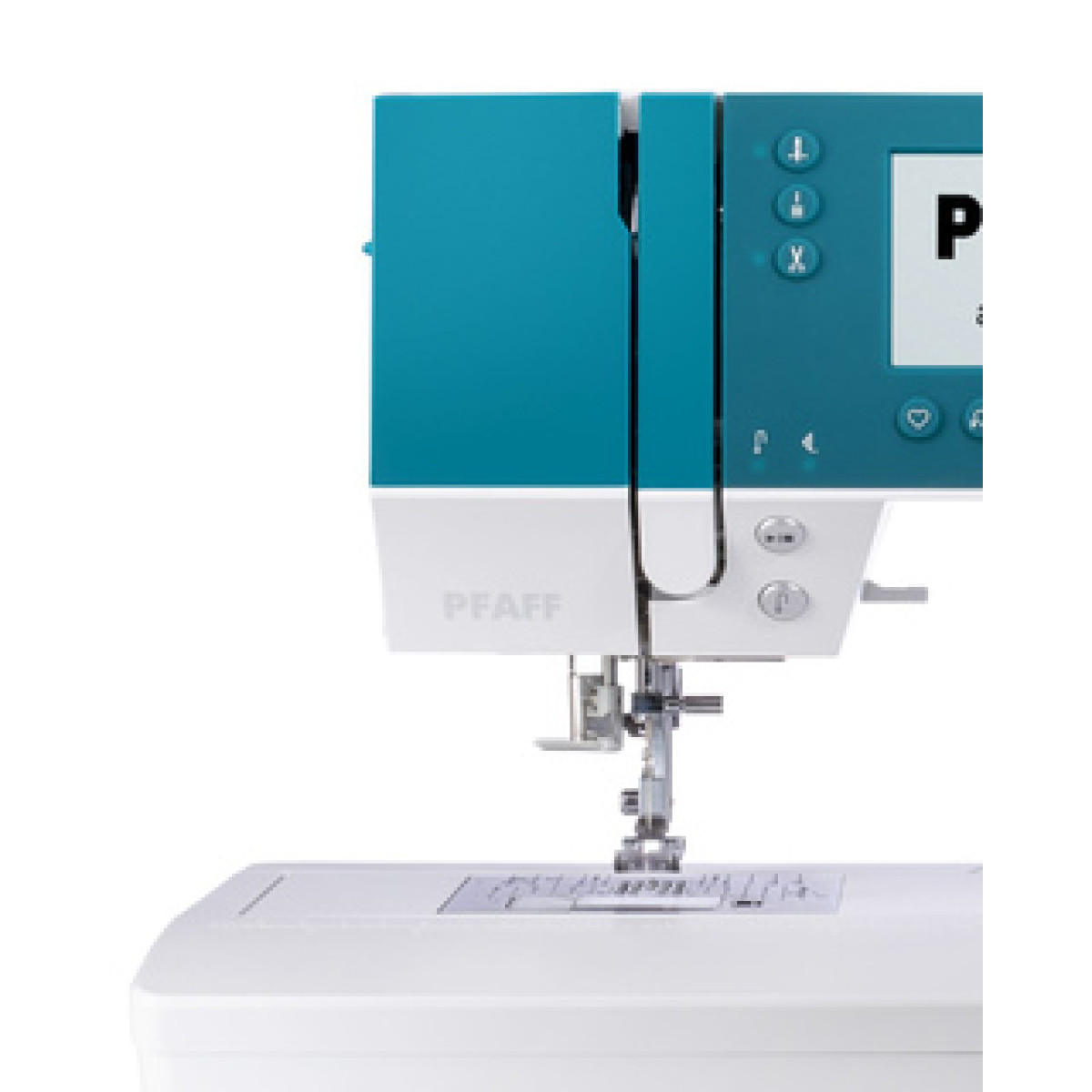 Una máquina de coser con panel superior turquesa y base blanca.