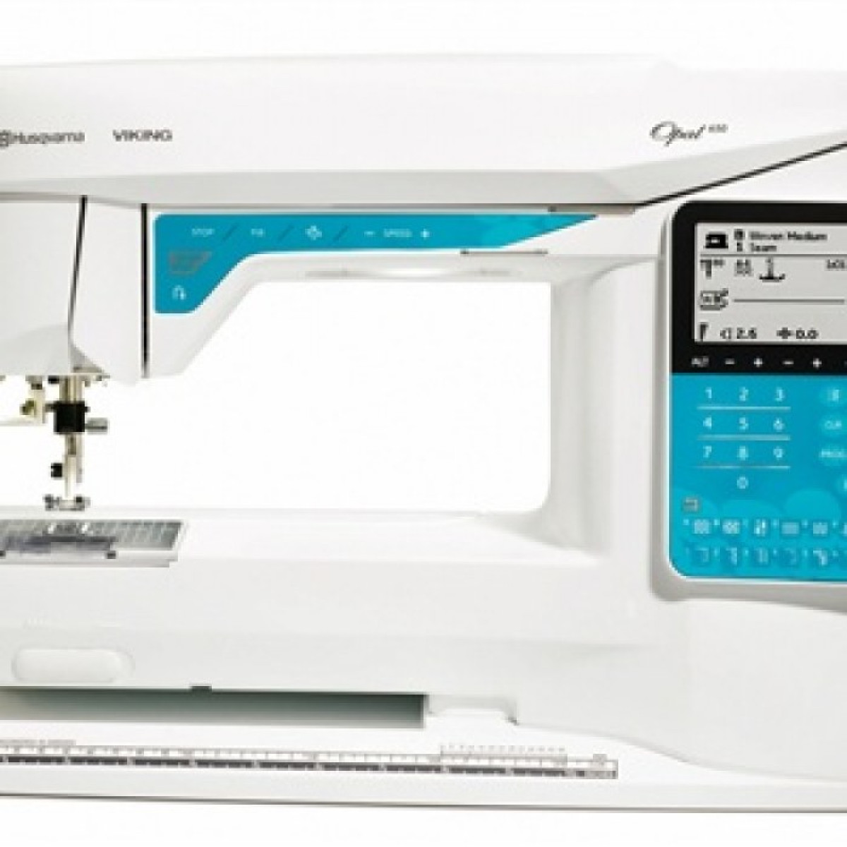 Una máquina de coser Husqvarna Viking Opal 650 blanca con un panel de control azul.
