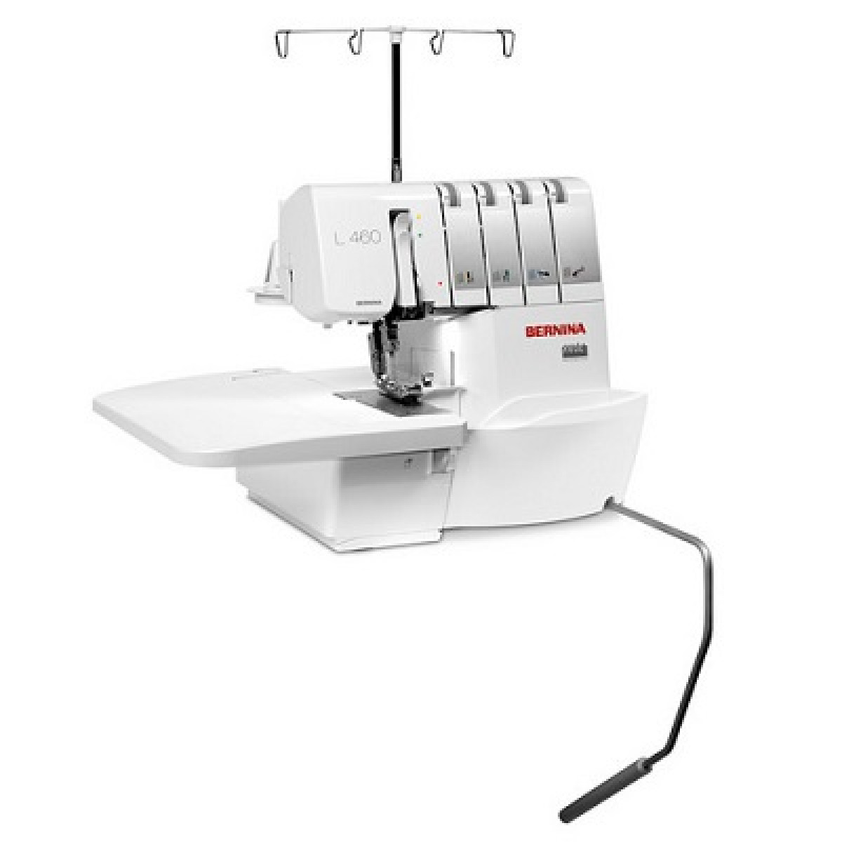 Máquina remalladora Bernina L460 blanca sobre fondo blanco.