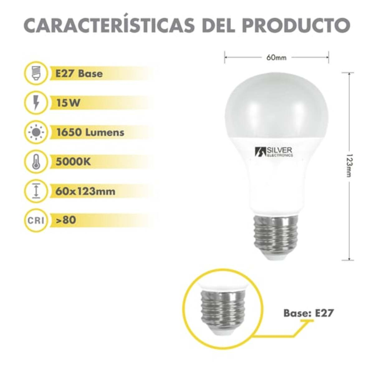Lampadina a LED bianca, con dimensioni e specifiche. È un prodotto a marchio Silver Electronics.