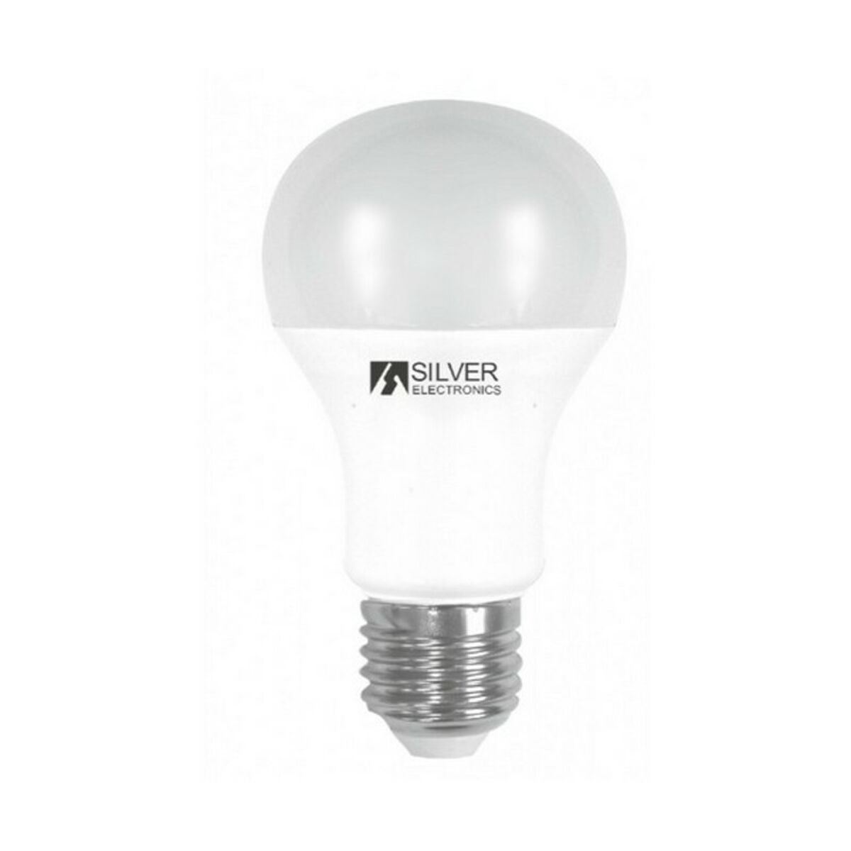 Una lampadina LED bianca Silver Electronics con base argentata su sfondo bianco.