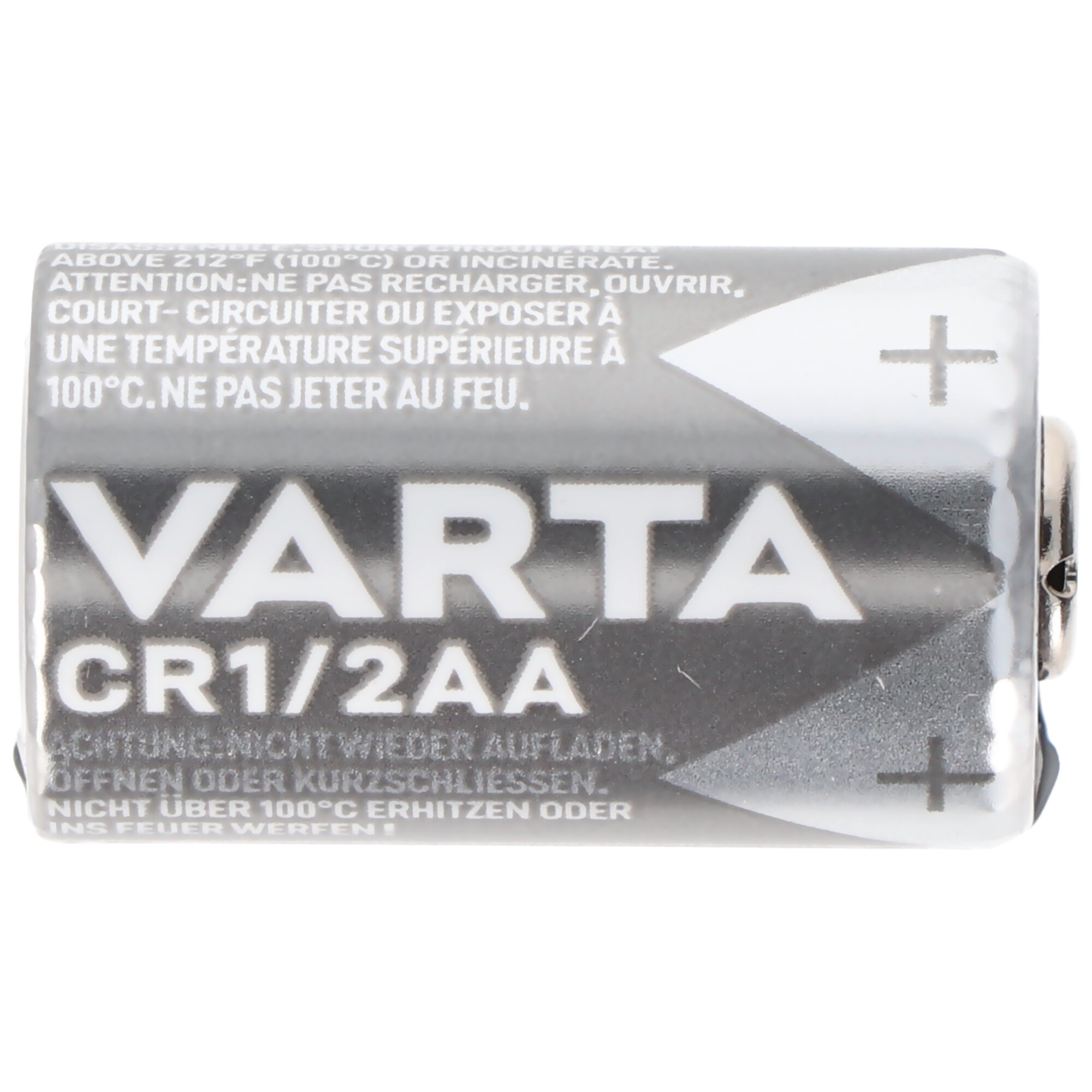 Una pila VARTA CR1/2AA con texto y un signo más.
