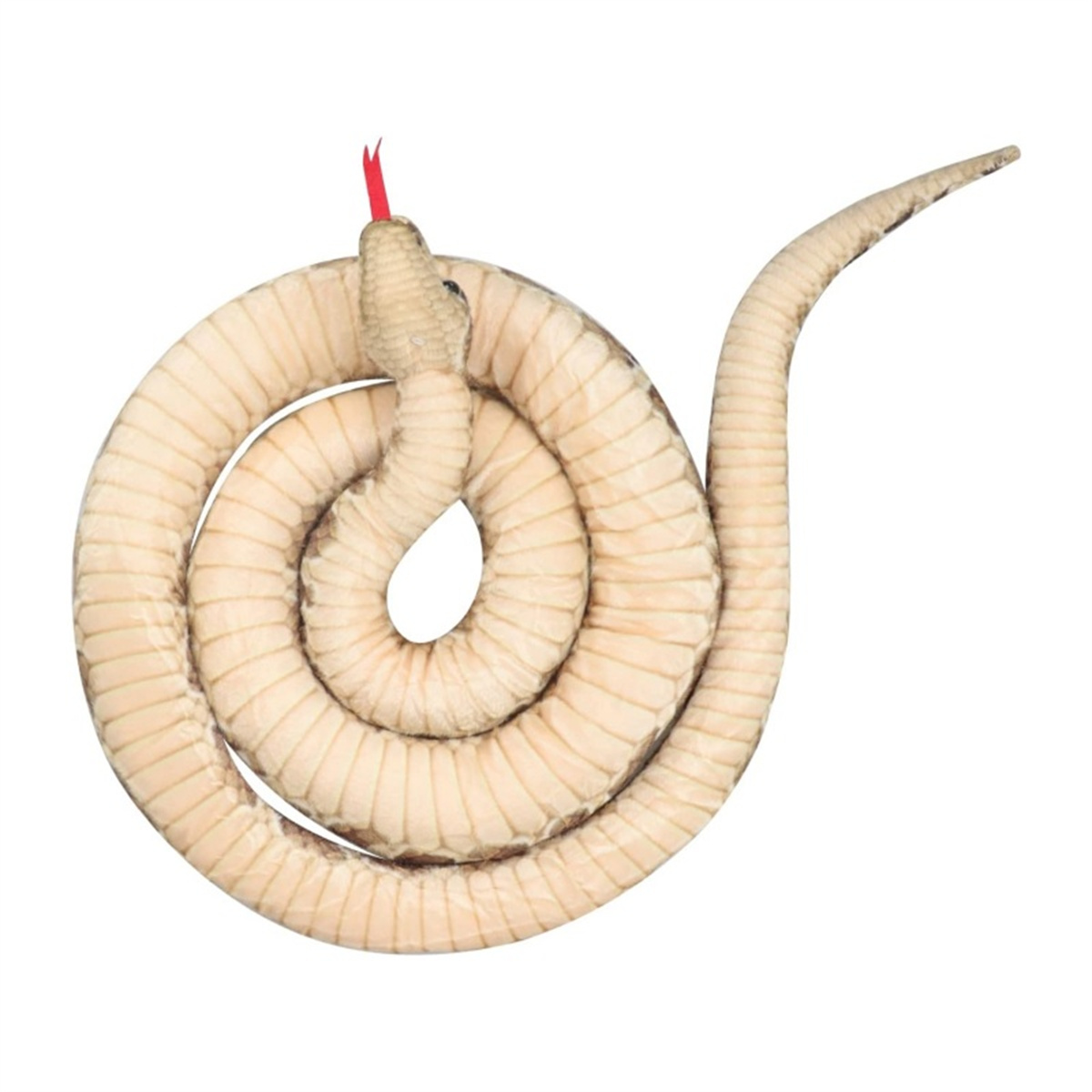 Ein aufgerolltes Stoffschlangenspielzeug, beige mit braunen Streifen, rote Zunge.