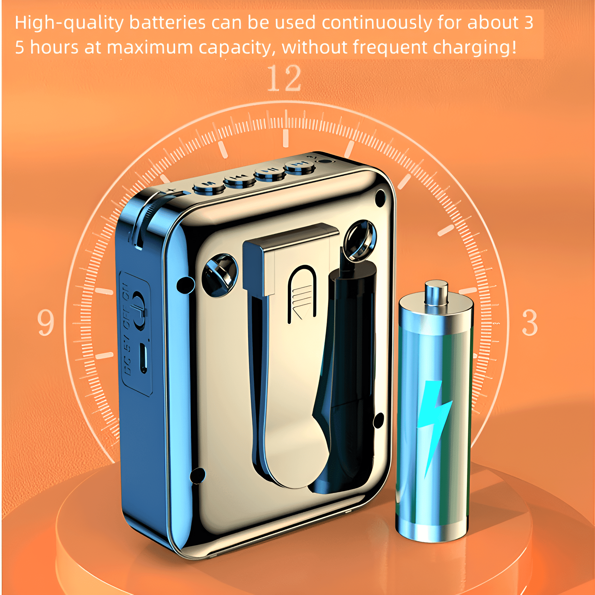 Silbernes Gerät mit Zifferblatt, Akku und Text: Hochwertige Batterien.