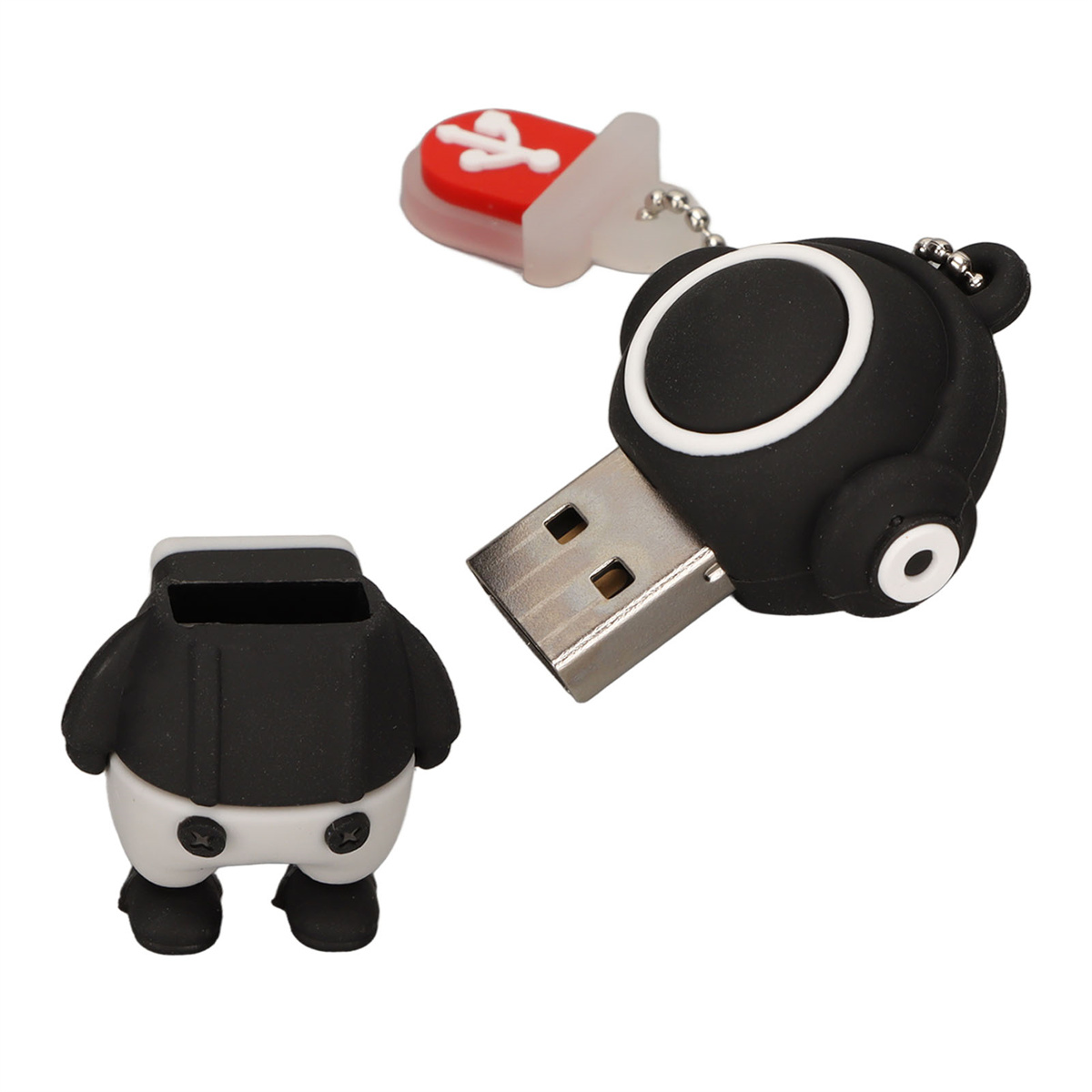 USB-Sticks, einer in Panda-Form und einer in Roboter-Form.