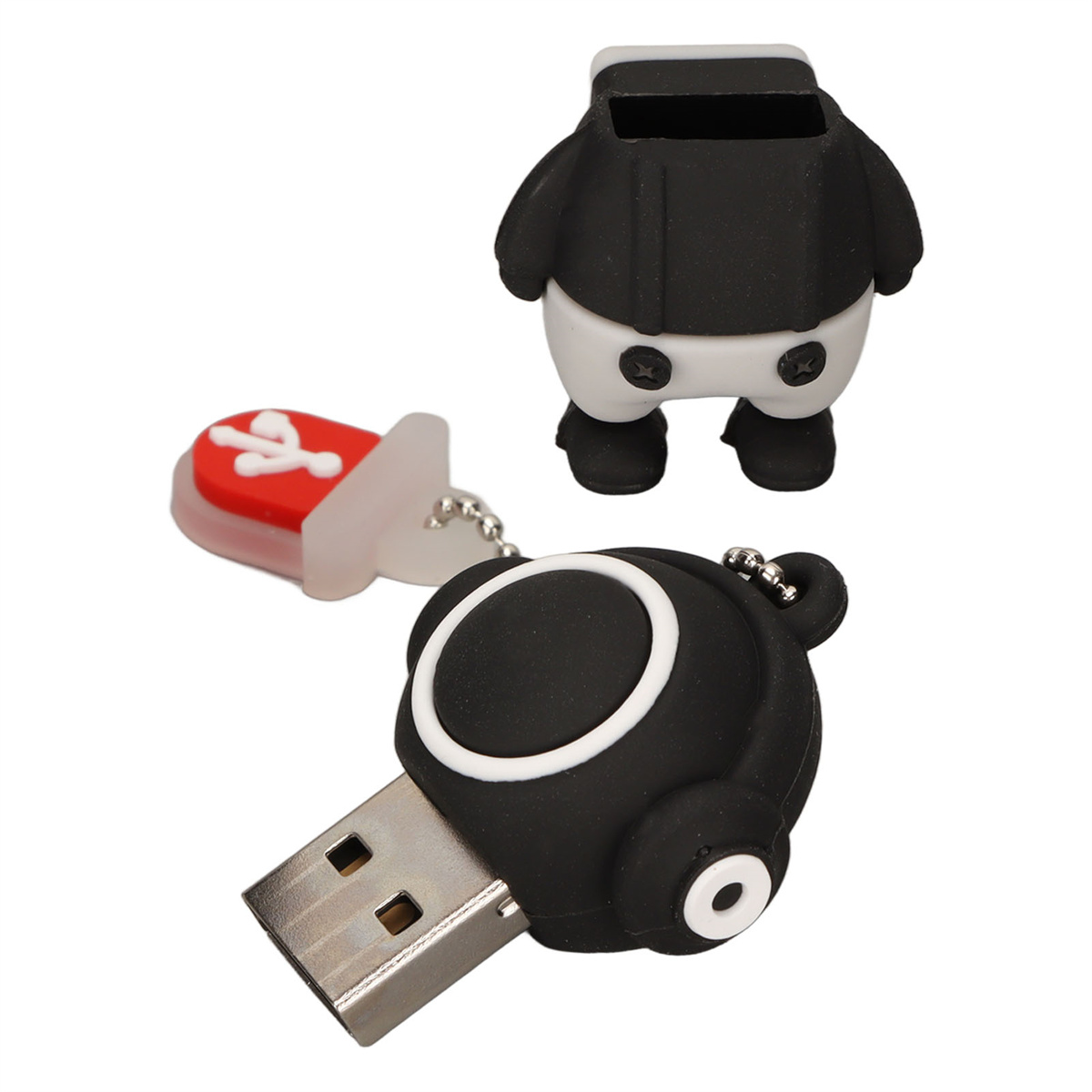 USB-Laufwerke in Form von Pinguinen und ein rot-weißes USB-Laufwerk.