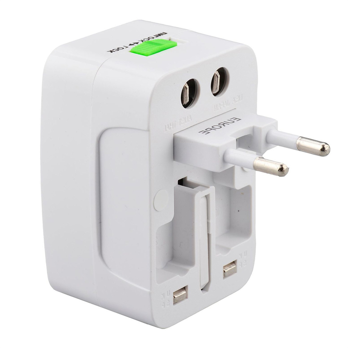 Ein weißer Universal-Reiseadapter mit mehreren Steckertypen und einem grünen Einschaltknopf.