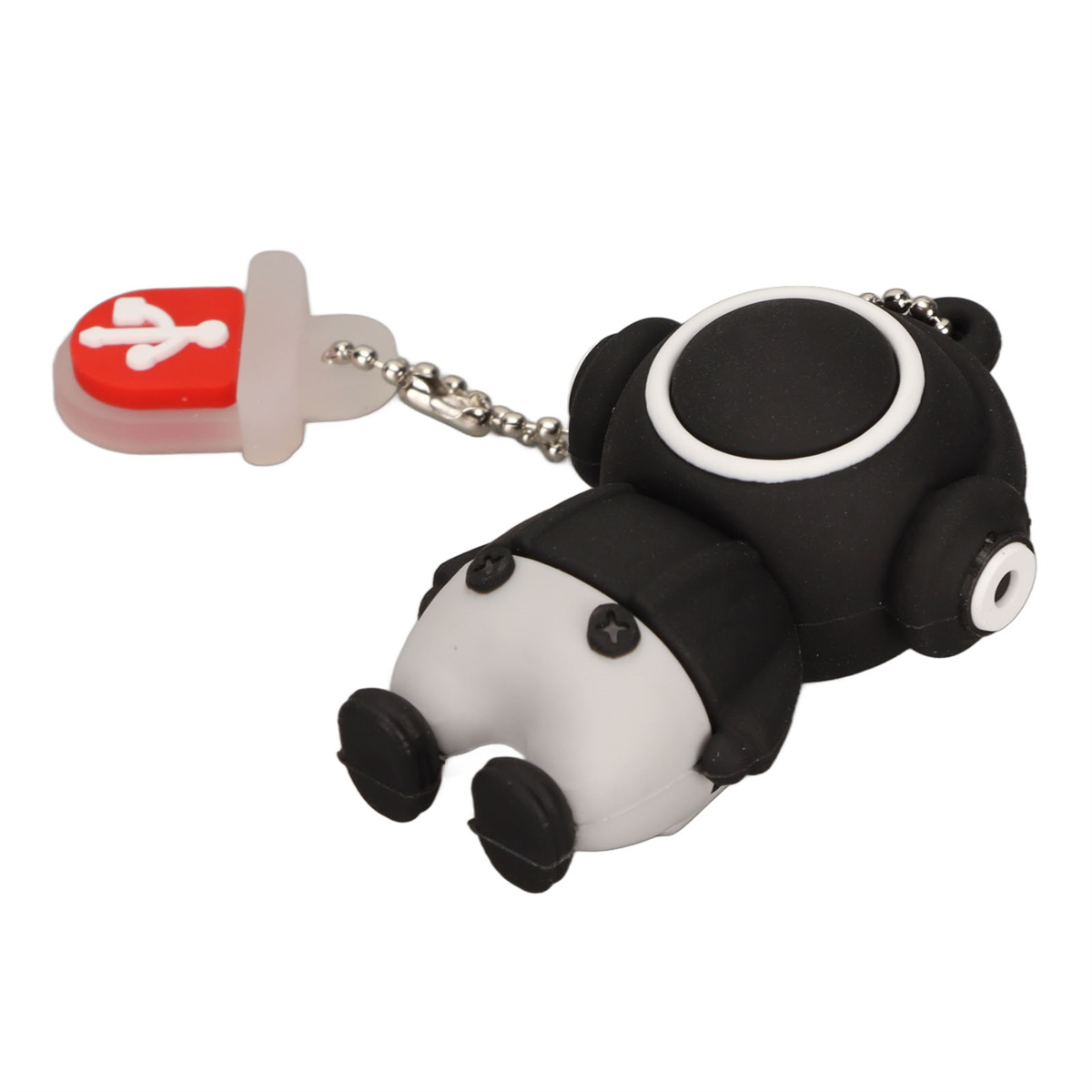 Schwarz-weißer Panda-USB-Stick, roter USB-Anschluss, silberne Kette.