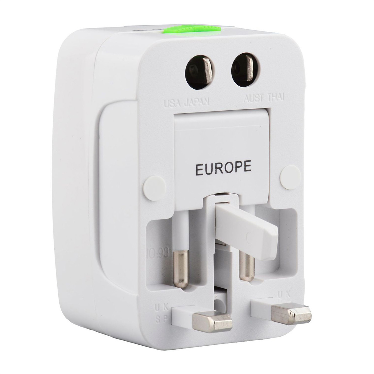Weißer Reiseadapter mit mehreren Steckertypen. Schwarze Löcher oben. Aufschriften USA/Japan, Aust/Thai, Europa, U.K. und U.S.