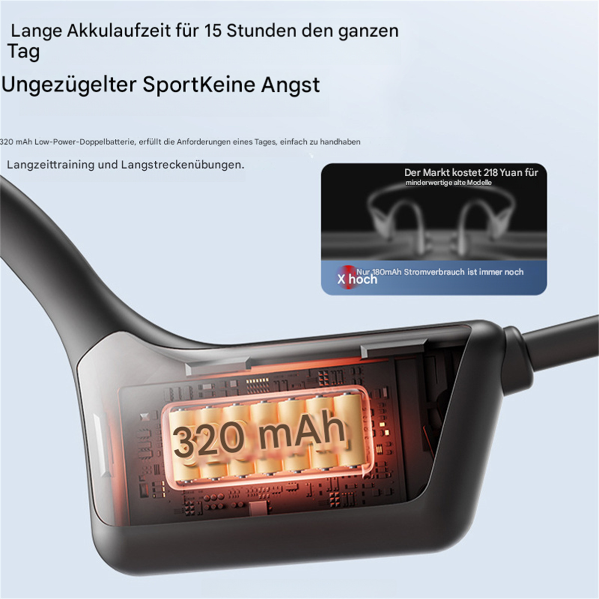 Bild zeigt ein schwarzes Headset mit Text und einer Darstellung der Akkulaufzeit.