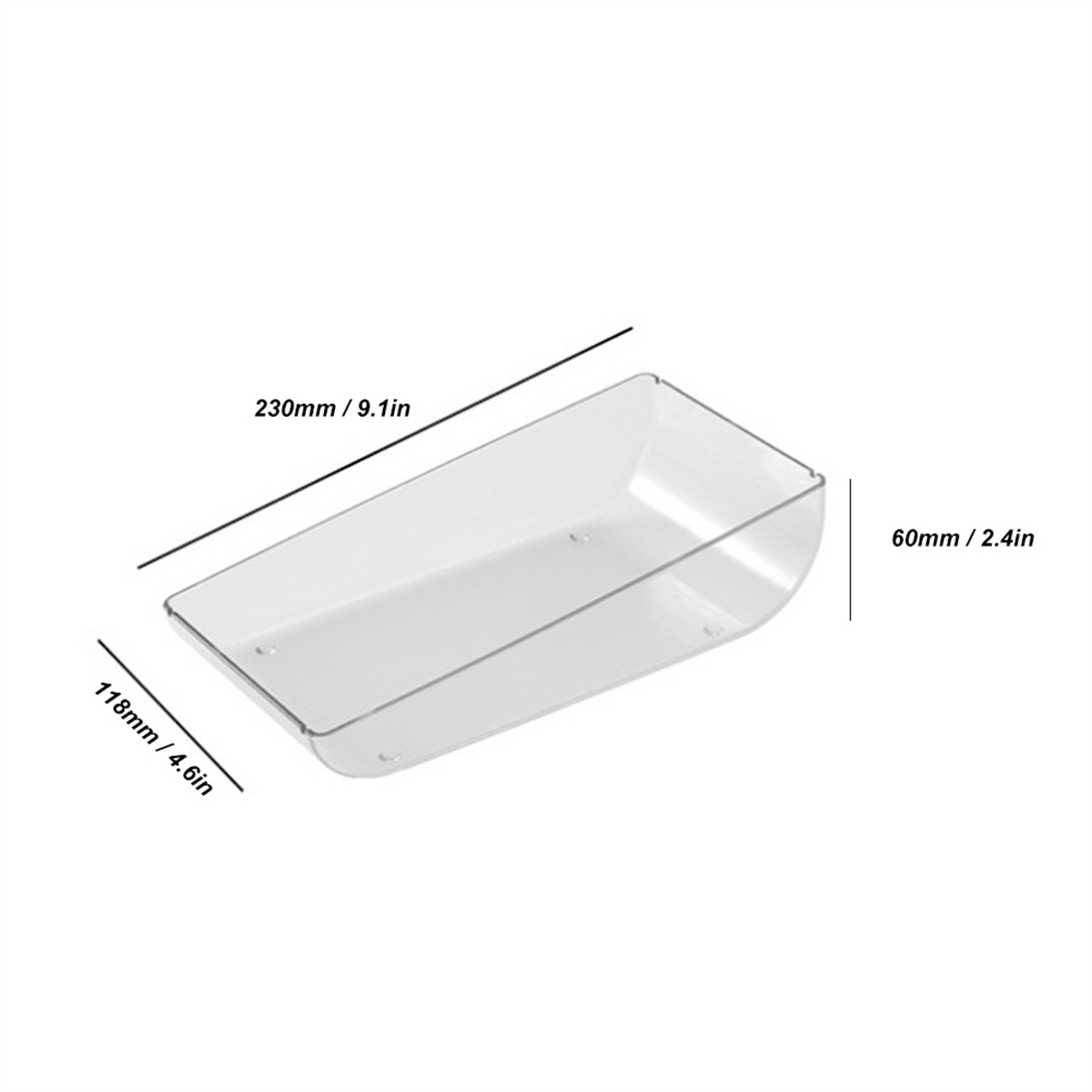 Eine transparente Kunststoffschale mit Beschriftung: 230 mm/9,1 Zoll x 118 mm/4,6 Zoll x 60 mm/2,4 Zoll.
