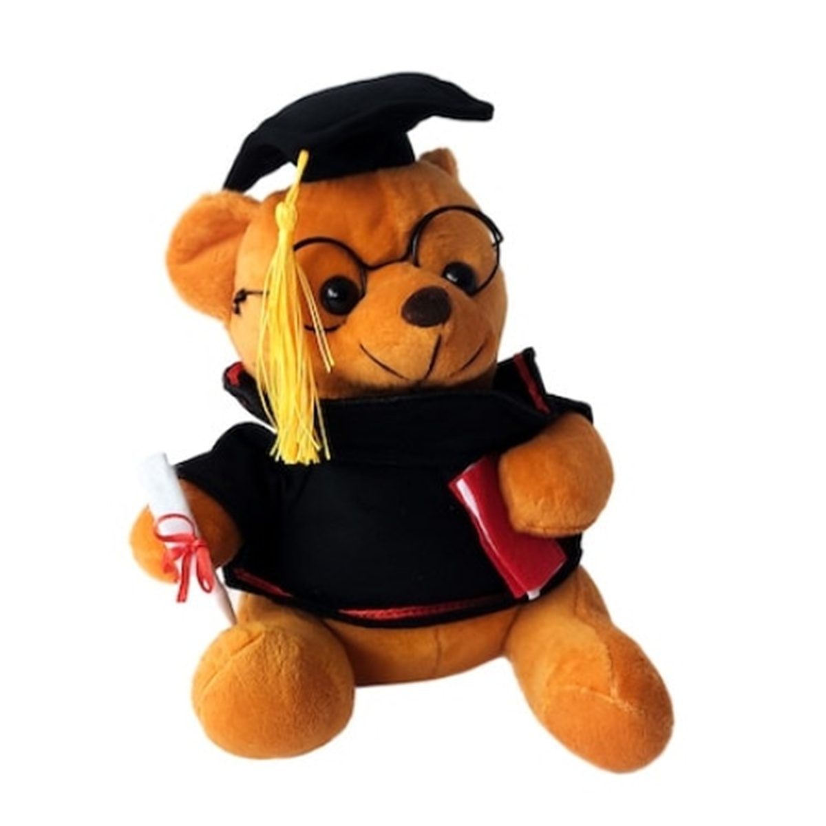 Teddybär in Abschlusskleidung, hält ein Diplom und ein rotes Buch, auf weißem Hintergrund.