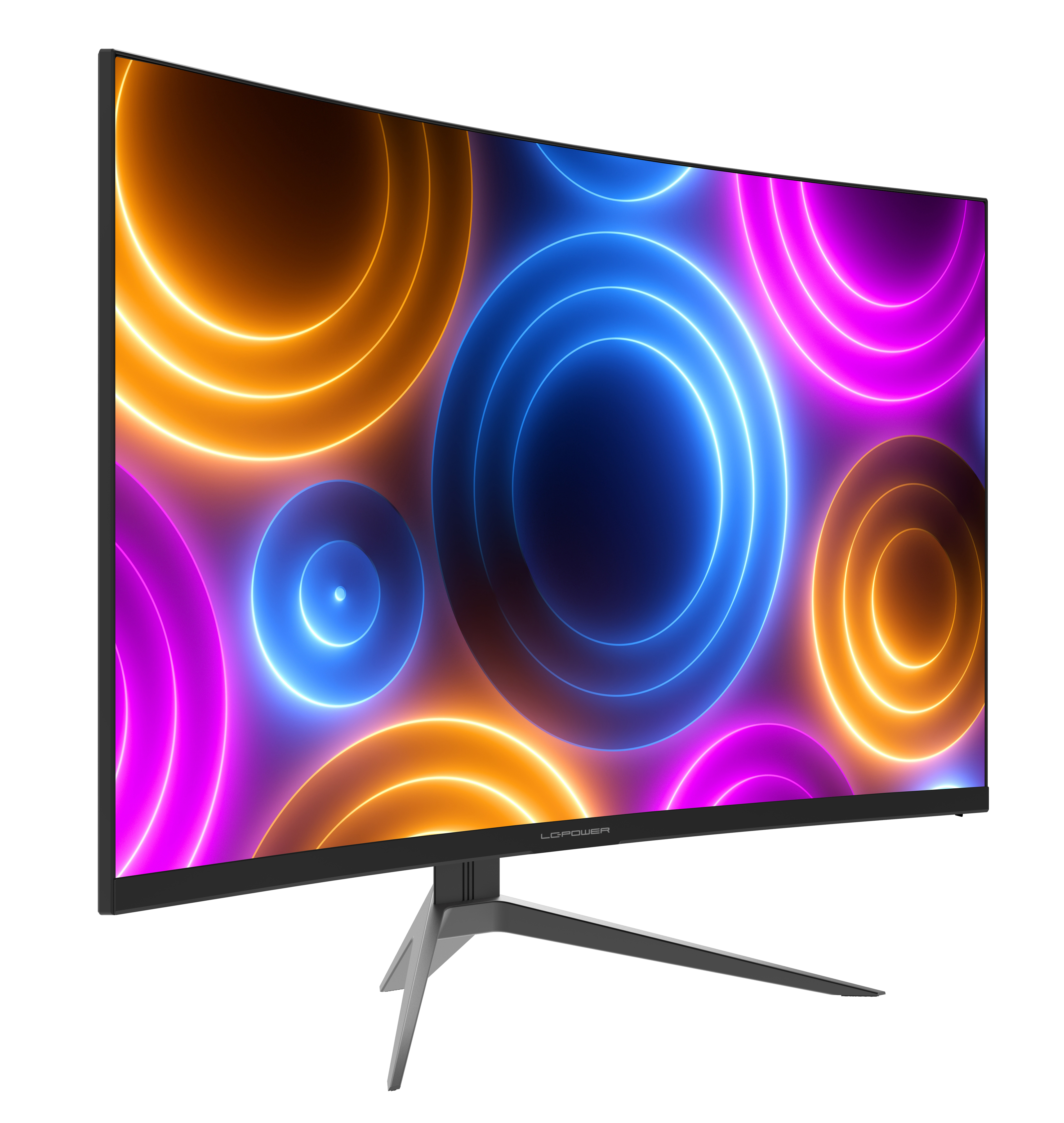 Un monitor curvo con cornice nera. Il display mostra cerchi luminosi colorati.