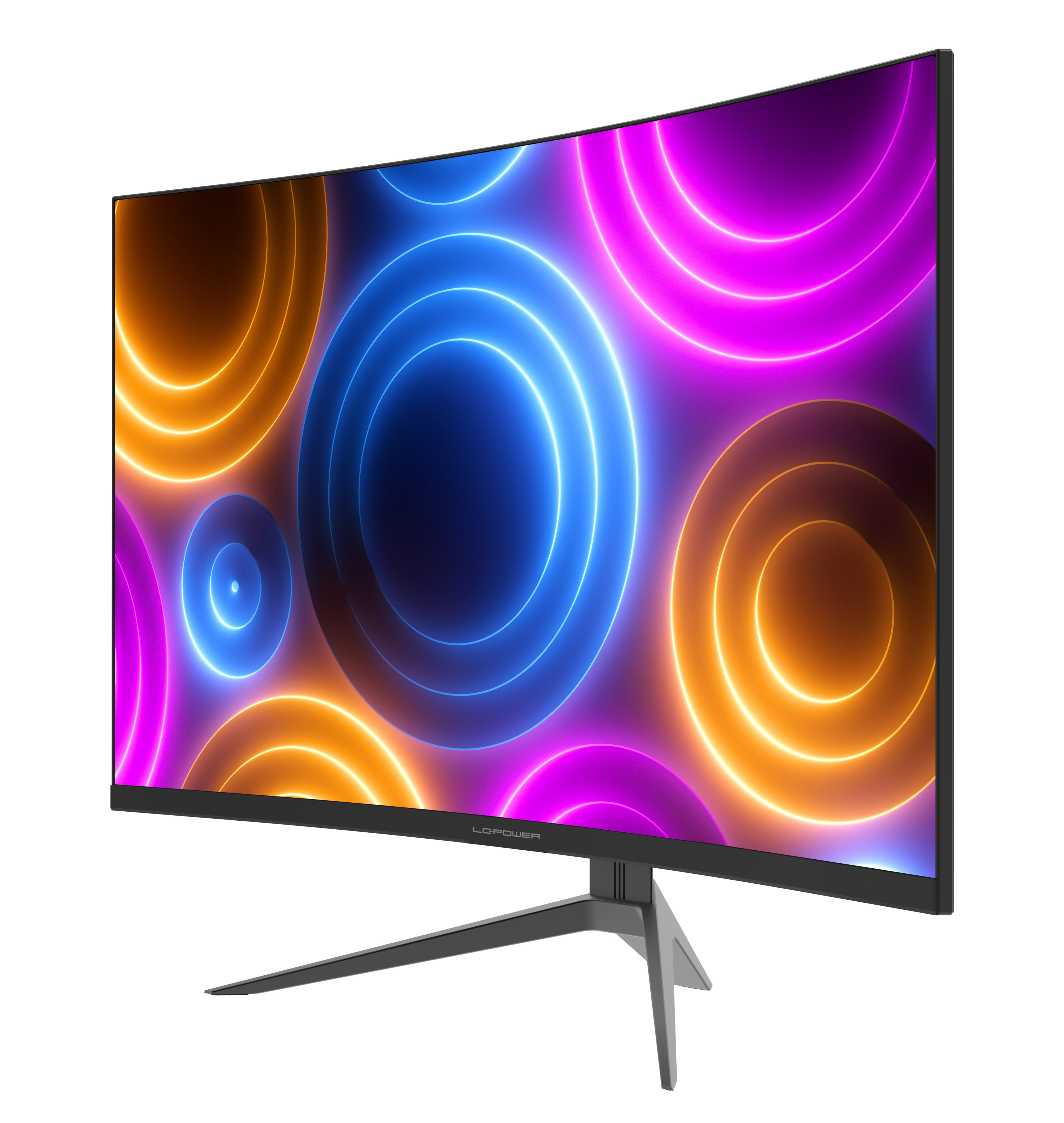 Un monitor curvo per computer con un display colorato, su sfondo bianco.