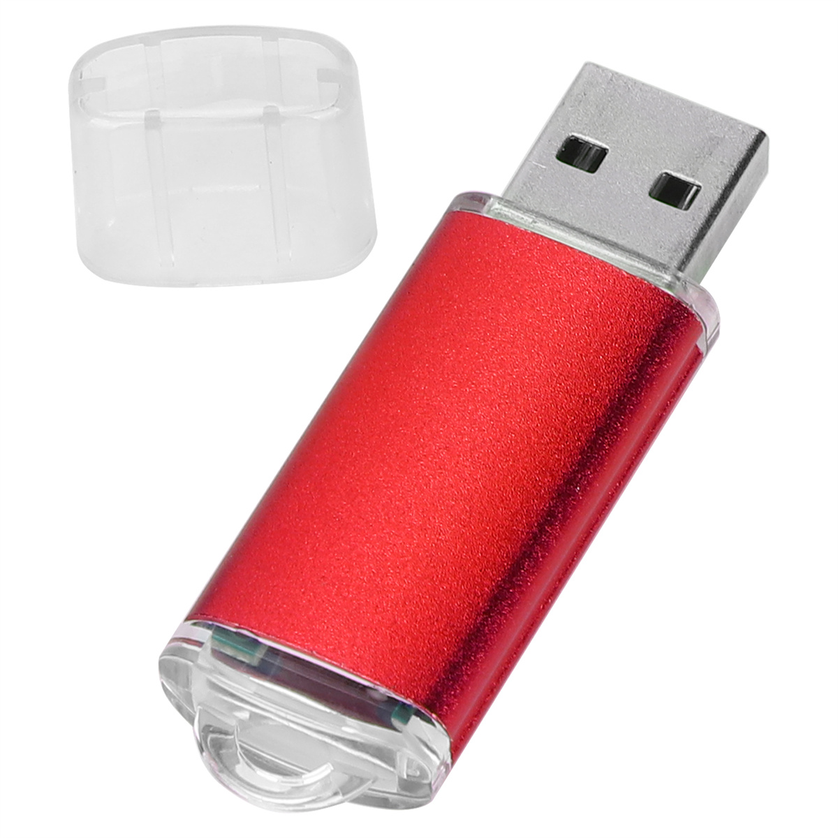 Roter USB-Stick mit transparentem Deckel auf weißem Hintergrund.