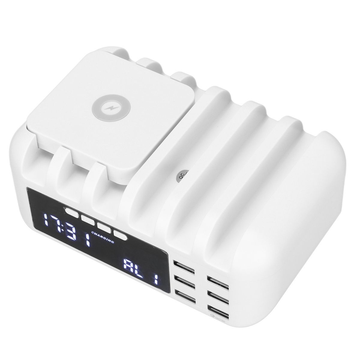 Eine weiße Ladestation mit mehreren USB-Anschlüssen, einem Ladepad und einer Digitalanzeige, die 17:31 anzeigt.