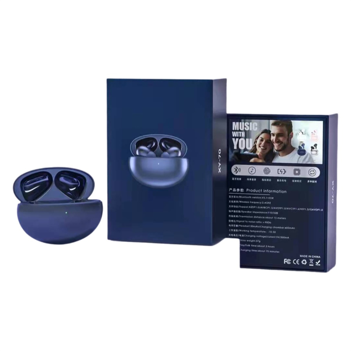 Ohrhörer, Ladeetui und Box mit Produktinformationen, auf weißem Hintergrund.