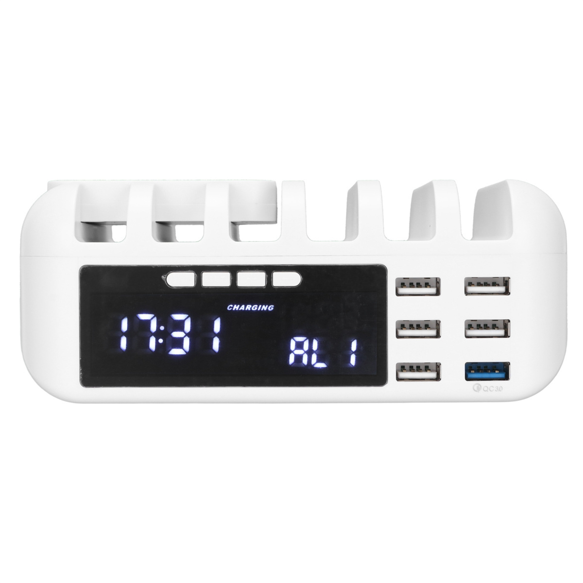 Weiße Ladestation mit Digitaluhr und mehreren USB-Anschlüssen.