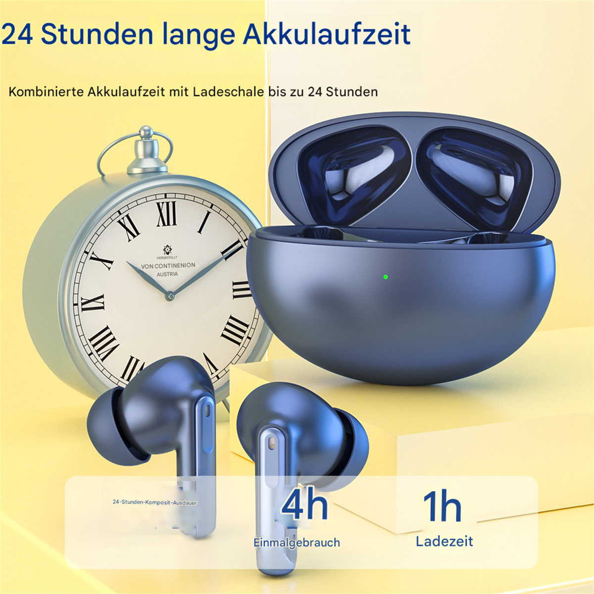 Ohrhörer und Ladecase auf einem Tisch mit Text zur Akkulaufzeit.