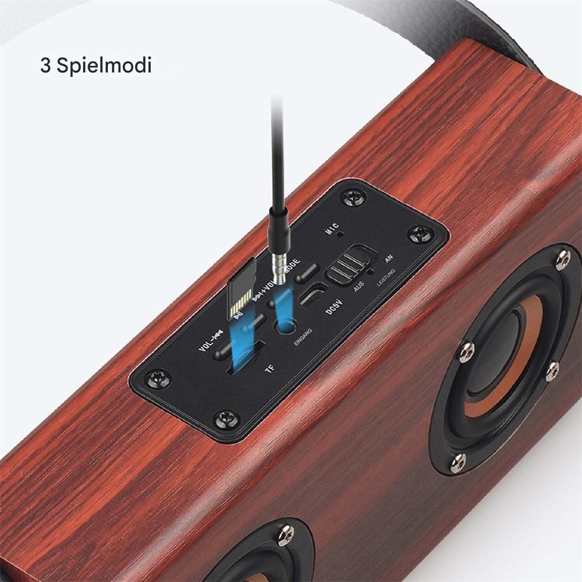Holzlautsprecher mit eingestecktem Kabel. Text lautet '3 Spielmodi'.