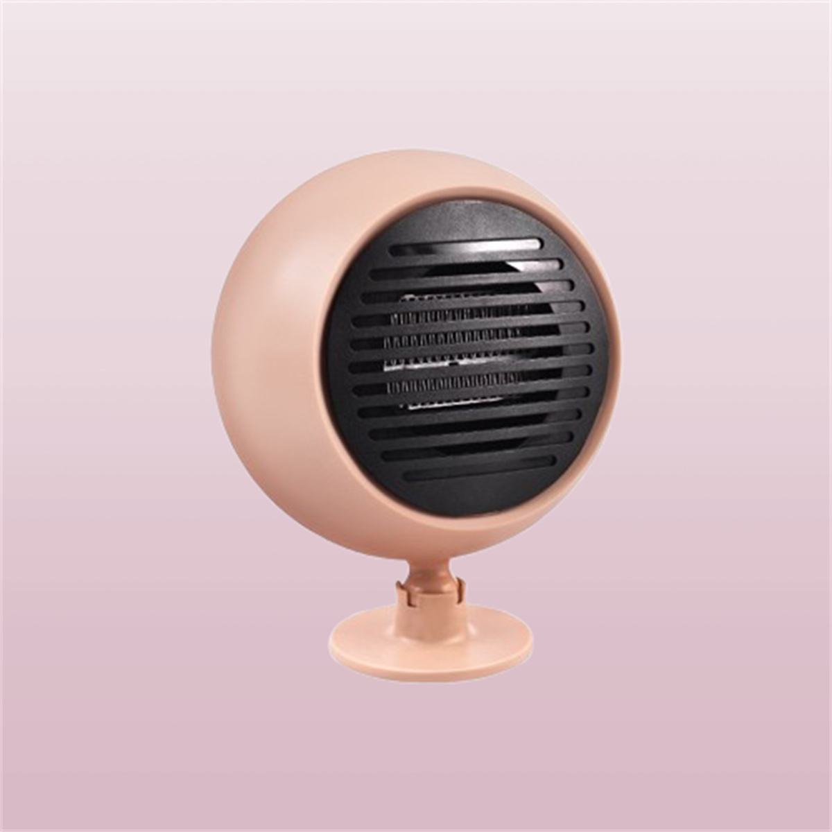 Ein pfirsichfarbener Elektroheizer mit schwarzem Grill, auf rosa Hintergrund.
