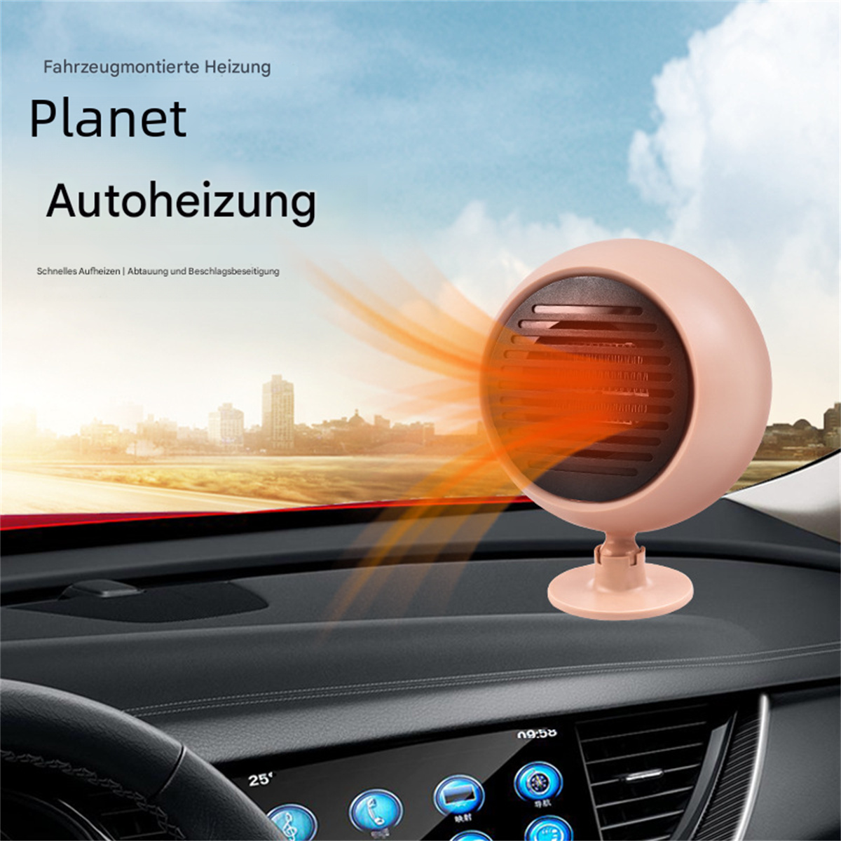 Autoheizung auf einem Armaturenbrett mit Text. Die Heizung ist rosa, mit orangefarbenen Hitzewellen.