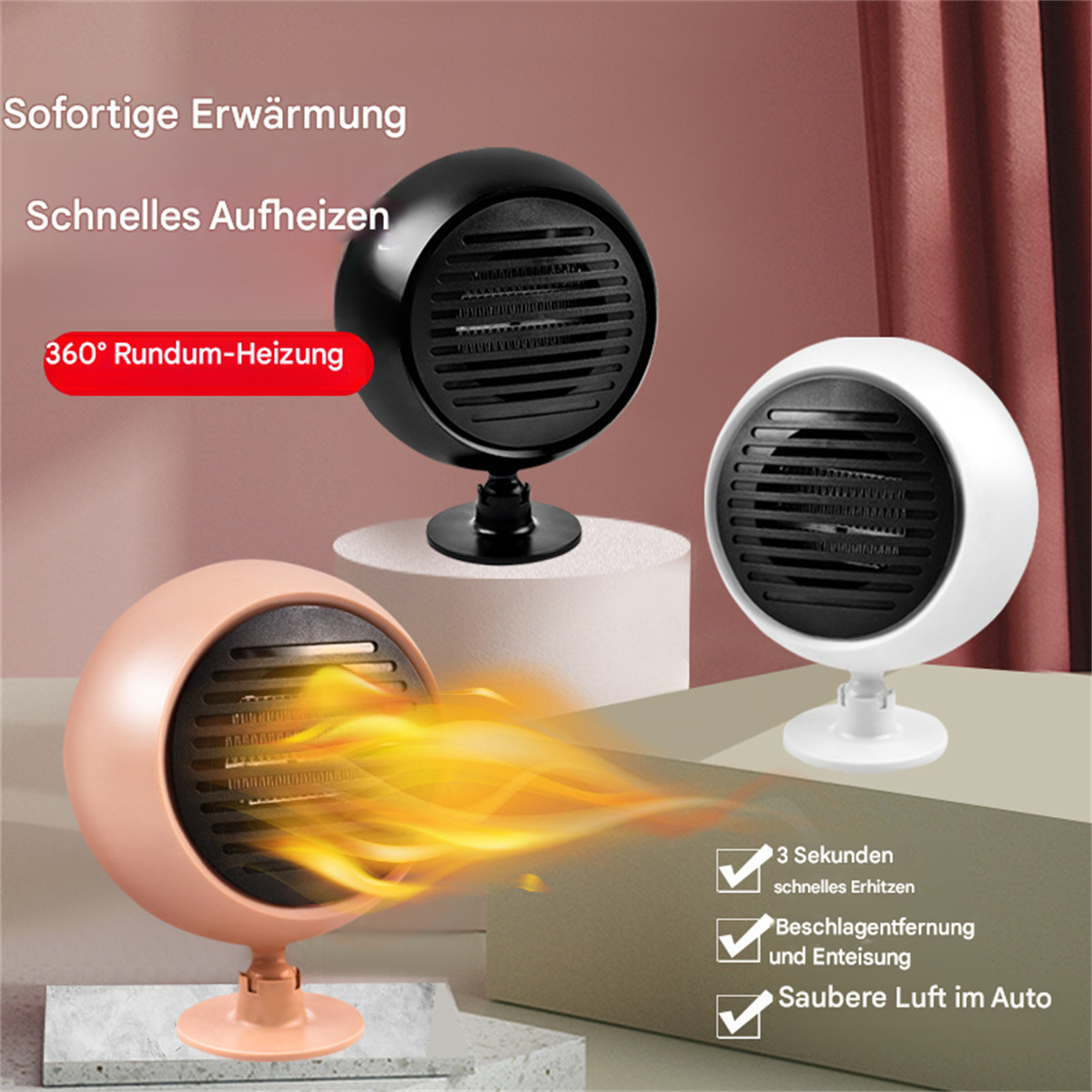 Drei kleine Autoheizungen, schwarz, weiß und rosa. Text hebt schnelles Heizen und Enteisung hervor.
