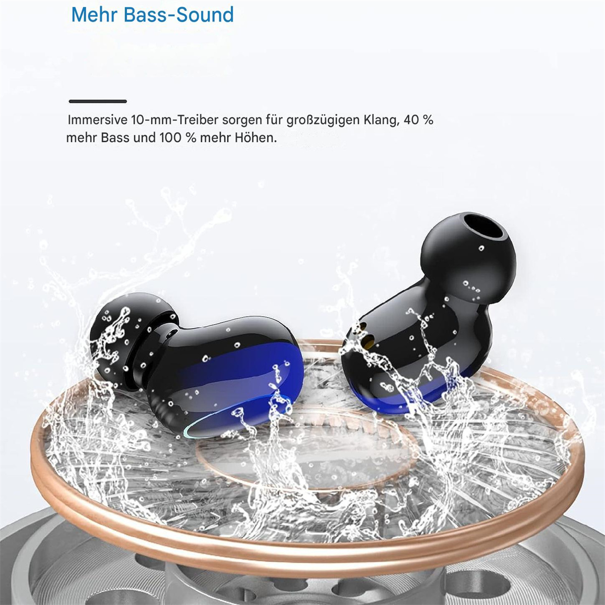 Zwei schwarze Ohrhörer im Wasser mit einem goldenen Ring. Text: Mehr Bass-Sound, Immersive 10mm.