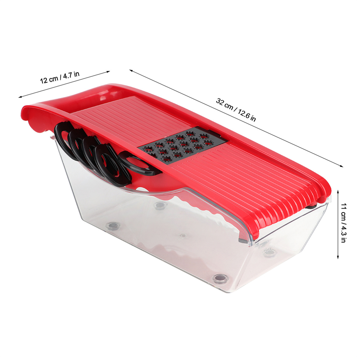 Roter Gemüseschneider mit schwarzen Klingen und klarer Basis, Abmessungen beschriftet.