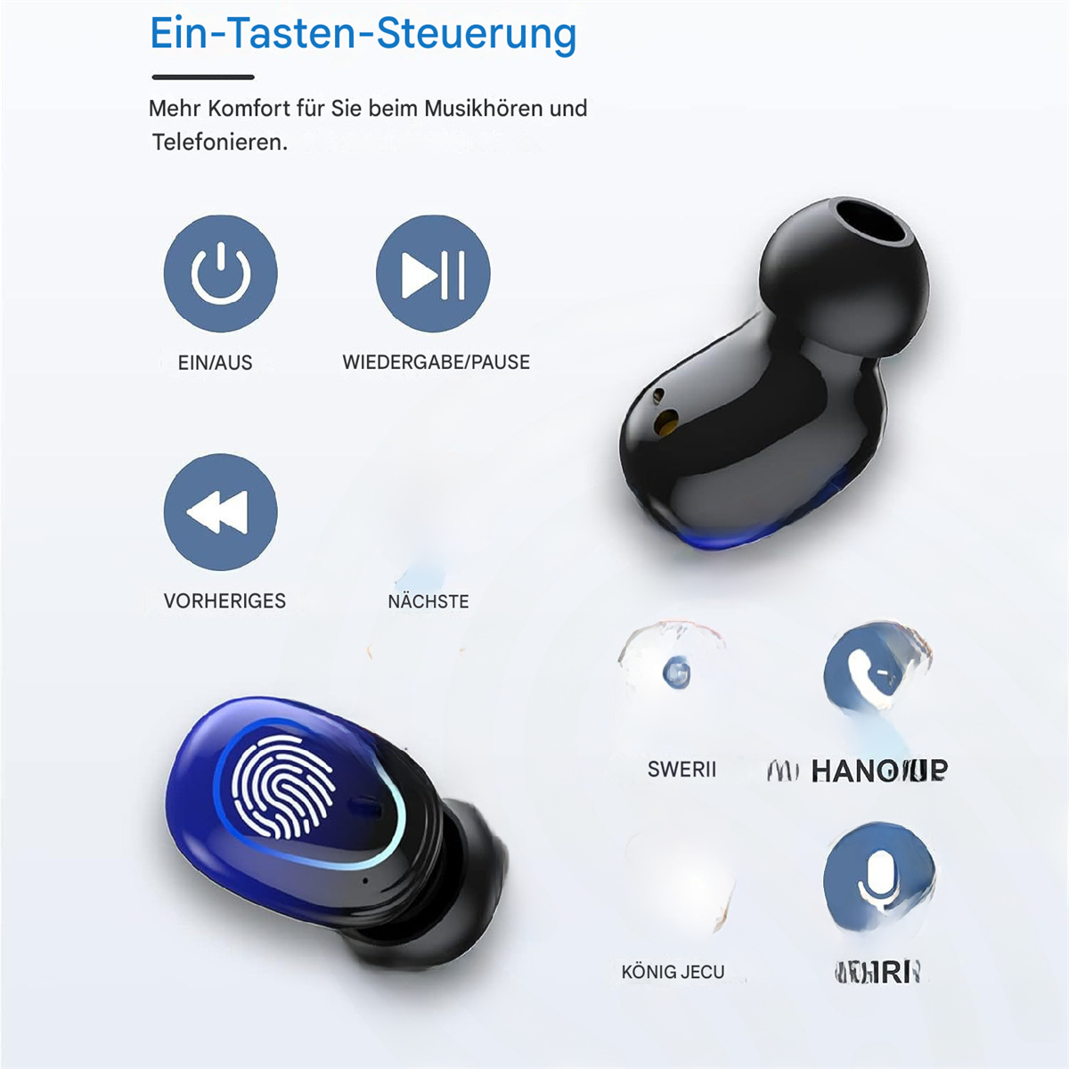 Kopfhörer mit Steuertasten und Ladecase werden angezeigt. Ein Kopfhörer zeigt ein Fingerabdrucksymbol.