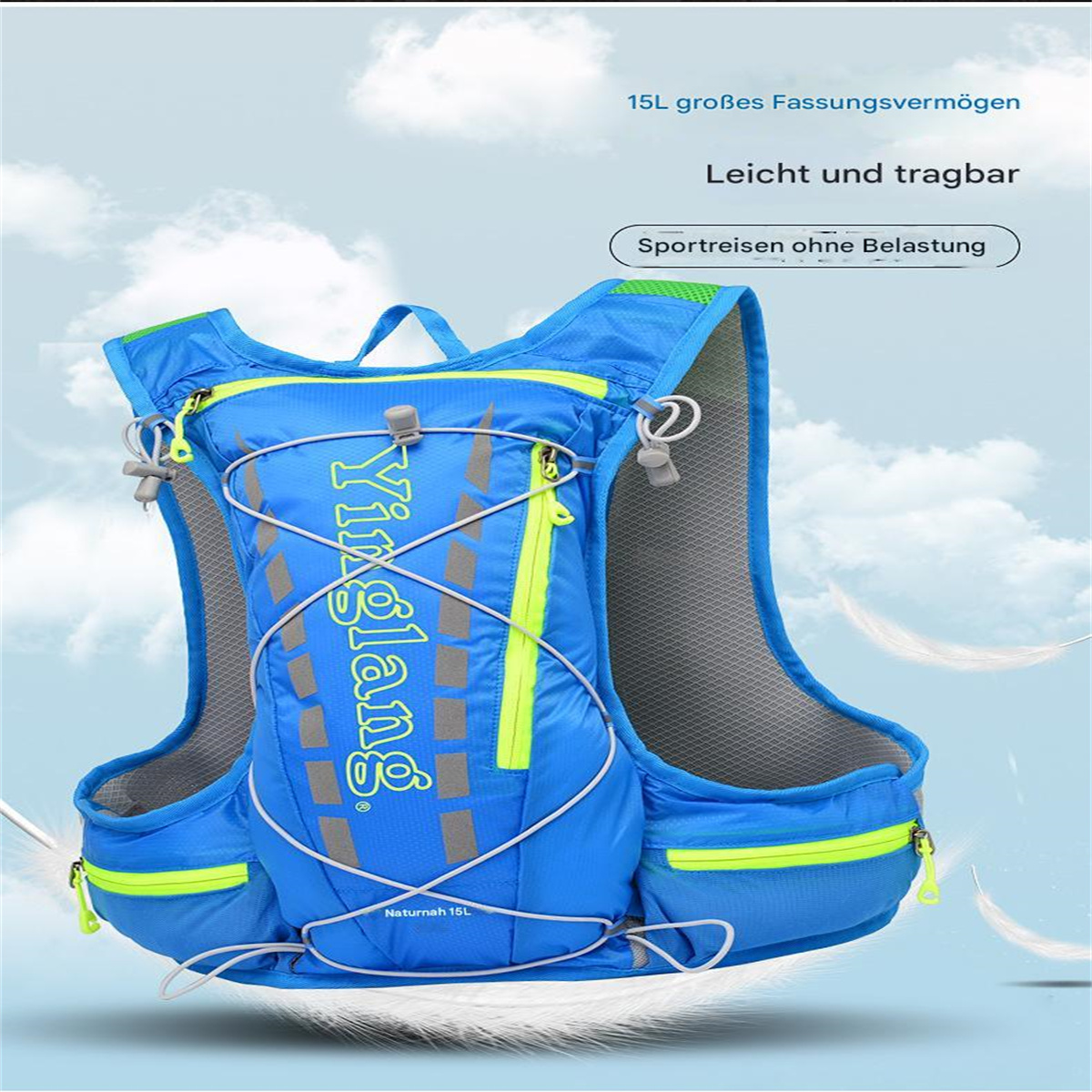 Blauer Laufrucksack mit gelben Akzenten, Markenname "Yixilang" sichtbar.