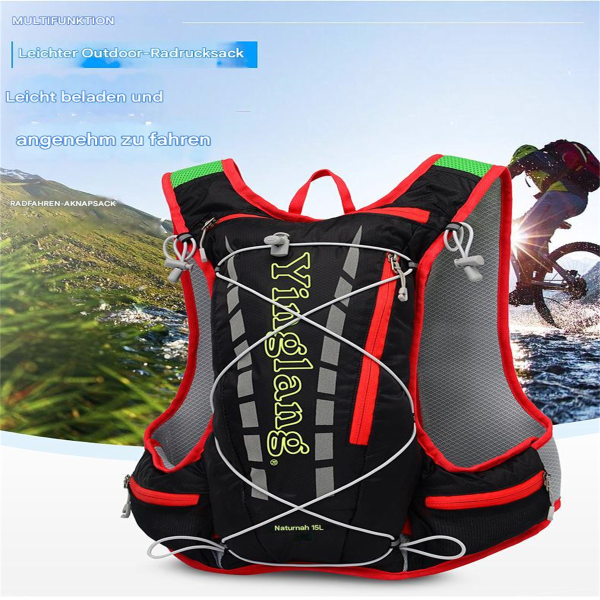 Rucksack für Outdoor-Aktivitäten. Schwarz, rot und grün mit Markennamen und Logo.