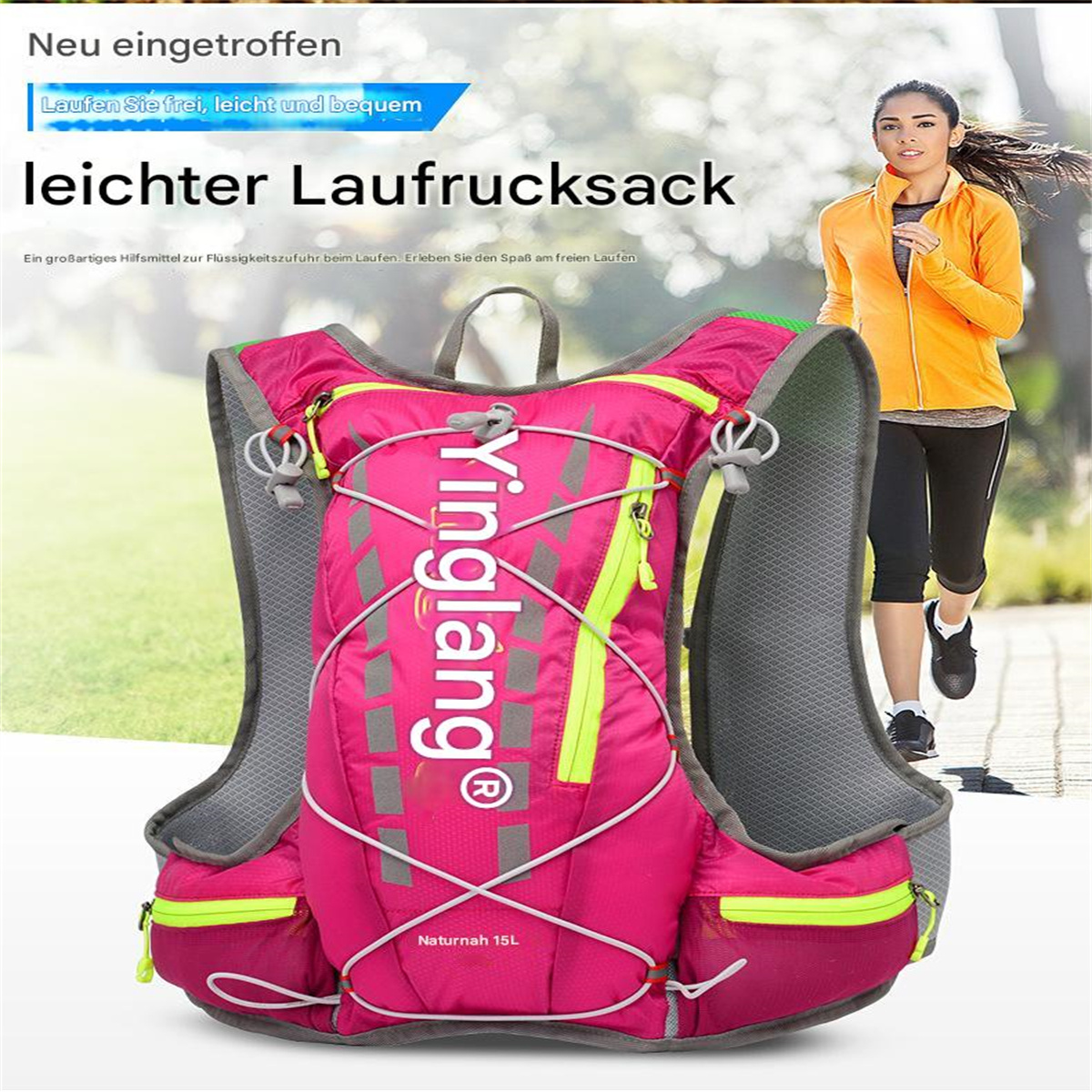 Eine Frau, die mit einem rosa-grauen Laufrucksack läuft, und ein Läufer im Hintergrund.