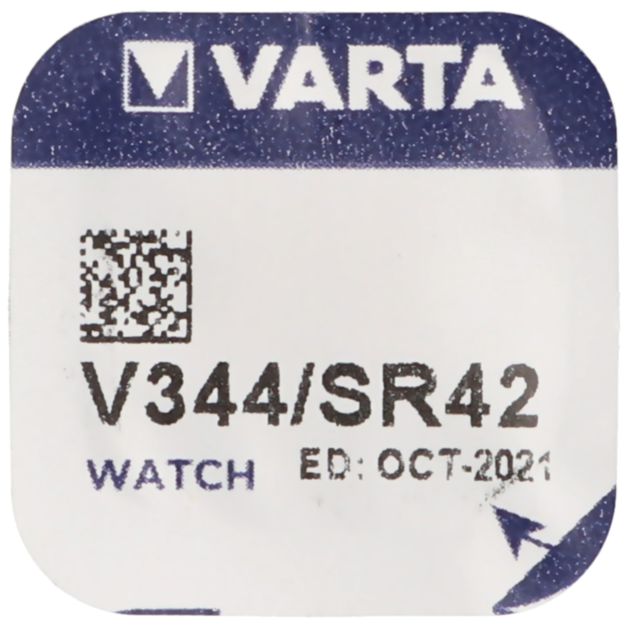 VARTA pil paketi. Kare, marka logosu ve metin ile: V344/SR42 WATCH ED: EKİM-2021.