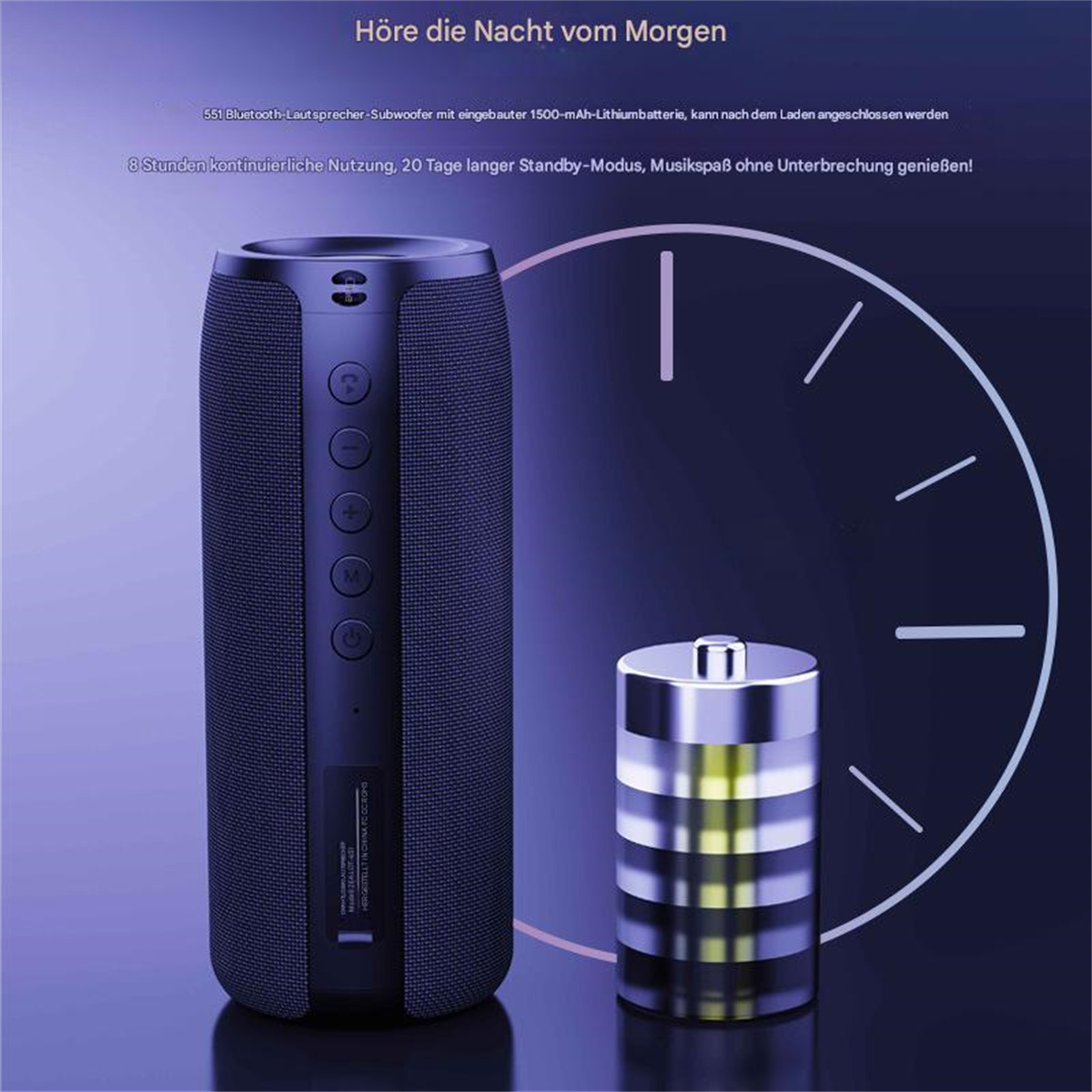 Ein Lautsprecher und eine Batterie. Der Hintergrund ist eine Uhr.