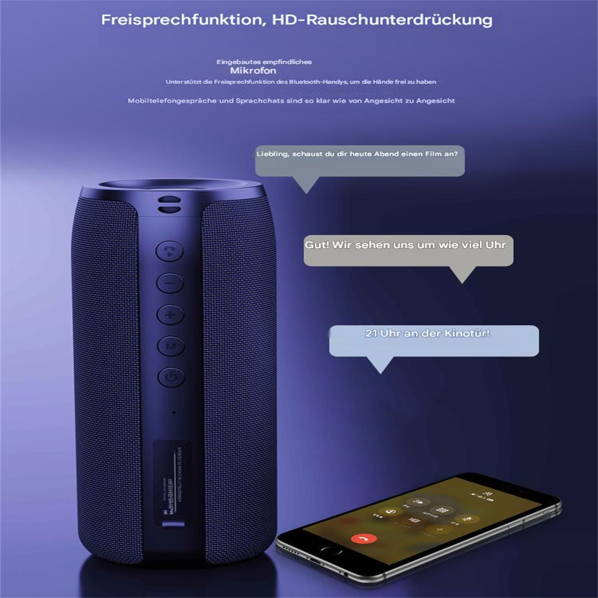Ein blauer Lautsprecher mit Knöpfen, ein Telefon mit Anrufbildschirm und Textblasen. Text sagt: HD-Rauschunterdrückung.