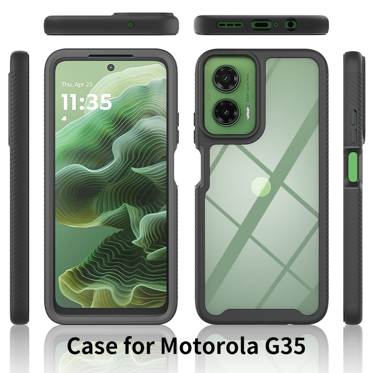 Eine Handyhülle für ein Motorola G35 mit grün getöntem Rücken und schwarzem Rahmen. Sie wird aus verschiedenen Winkeln gezeigt.